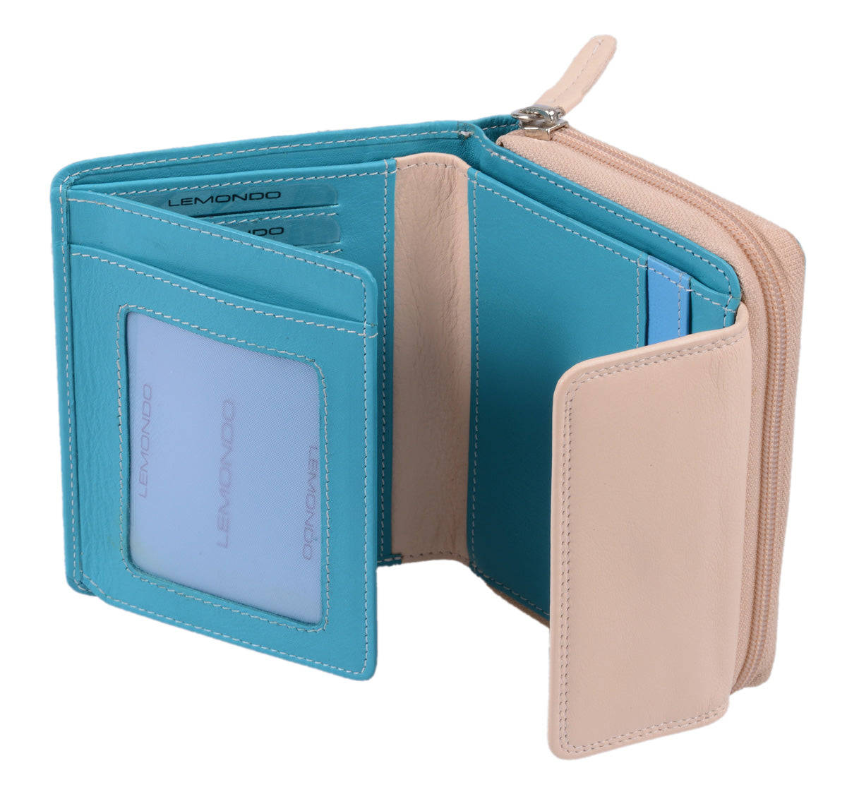 türkis-beige Damenreißverschlussbörse, Leder