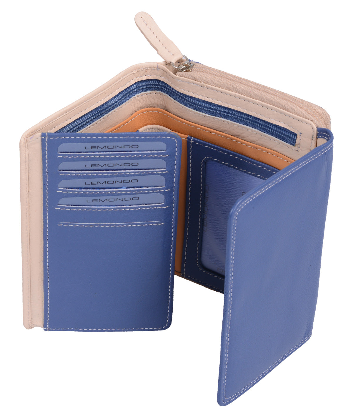 blau-beige Reißverschlussbörse, Leder, viele Kartenfächer 15 EC-Steckfächer