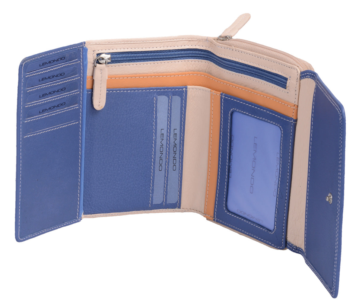 blau-beige Reißverschlussbörse, Leder, viele Kartenfächer 15 EC-Steckfächer