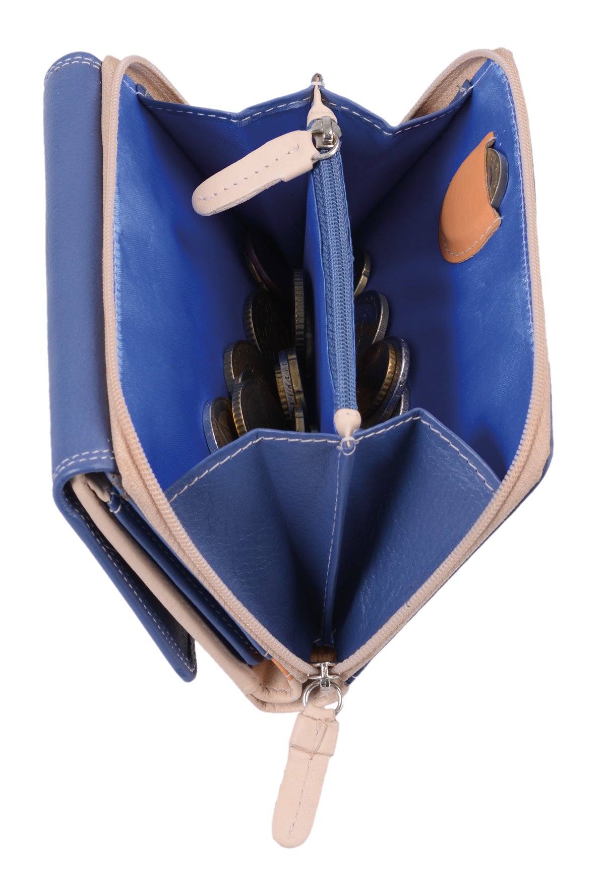 blau-beige Reißverschlussbörse, Leder, viele Kartenfächer 15 EC-Steckfächer