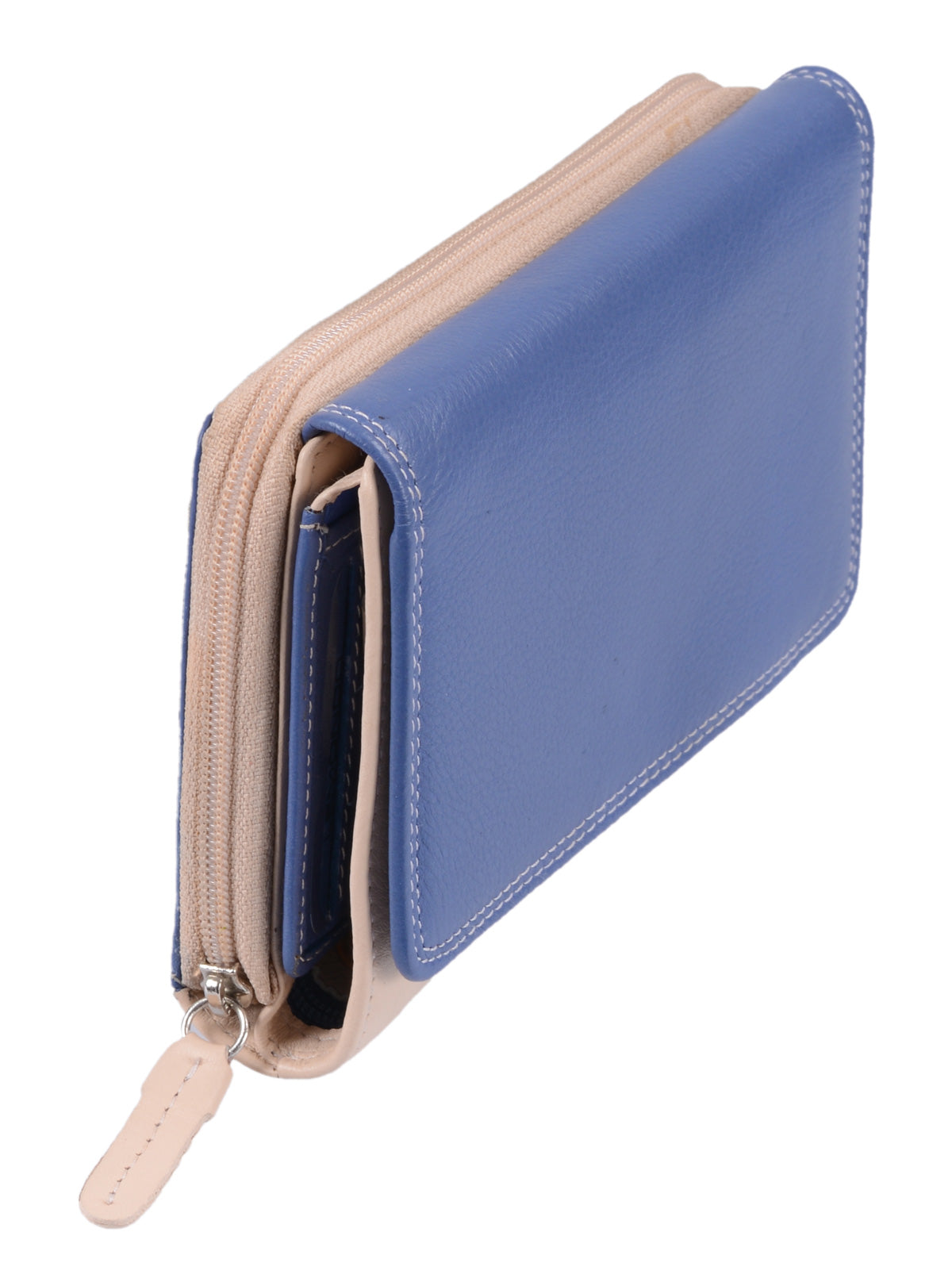 blau-beige Reißverschlussbörse, Leder, viele Kartenfächer 15 EC-Steckfächer