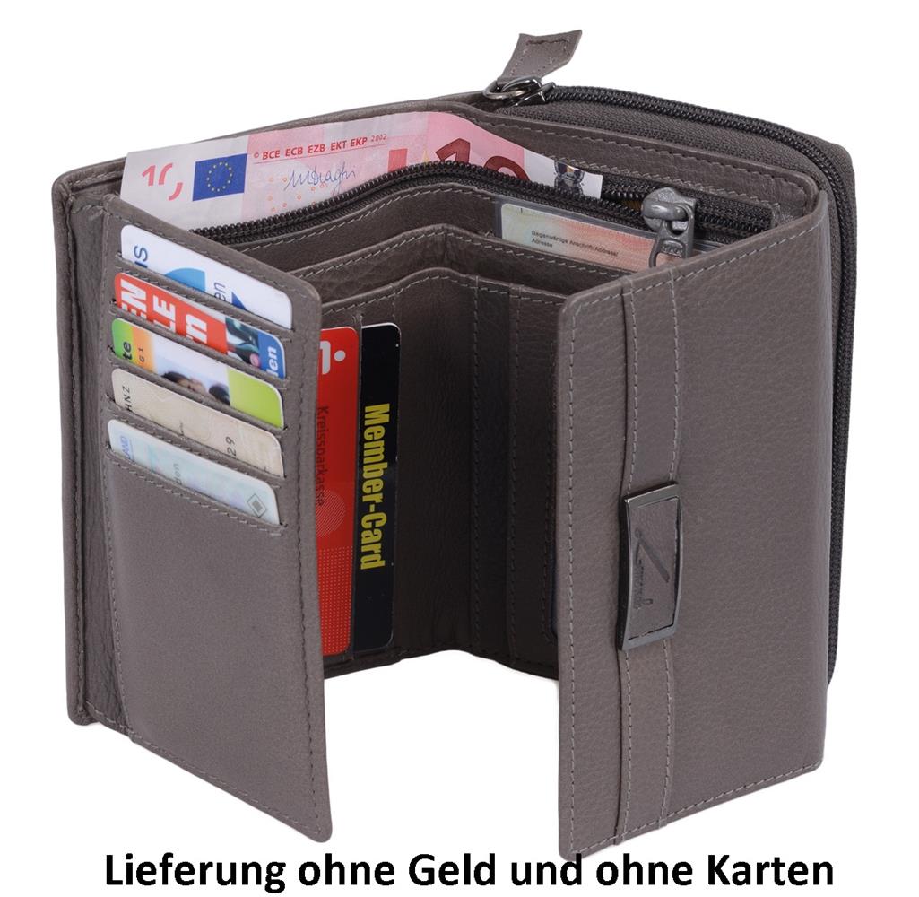 Kompakte Damenbörse Grau Leder – RFID Geldbörse mit vielen Kartenfächern