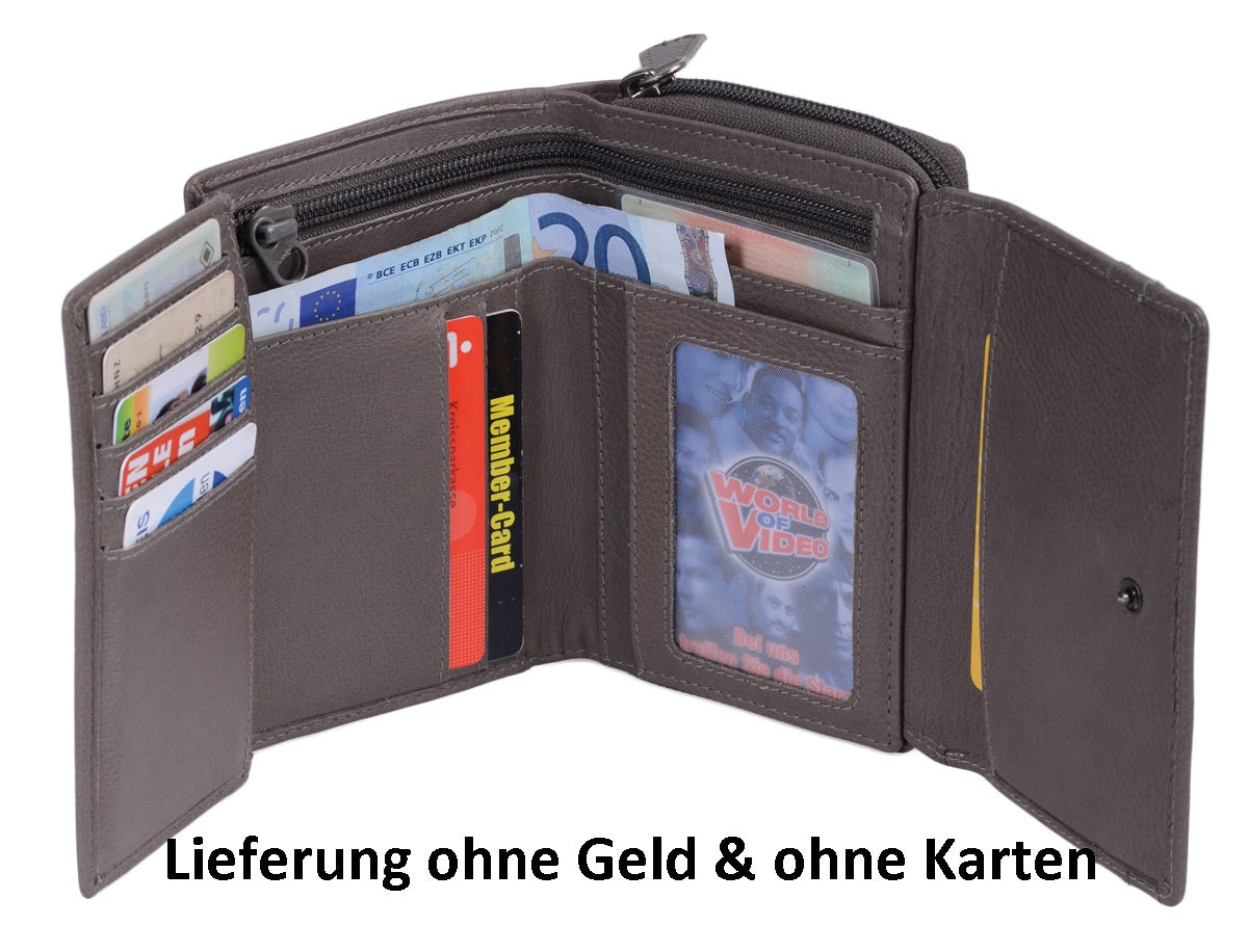Kompakte Damenbörse Grau Leder – RFID Geldbörse mit vielen Kartenfächern