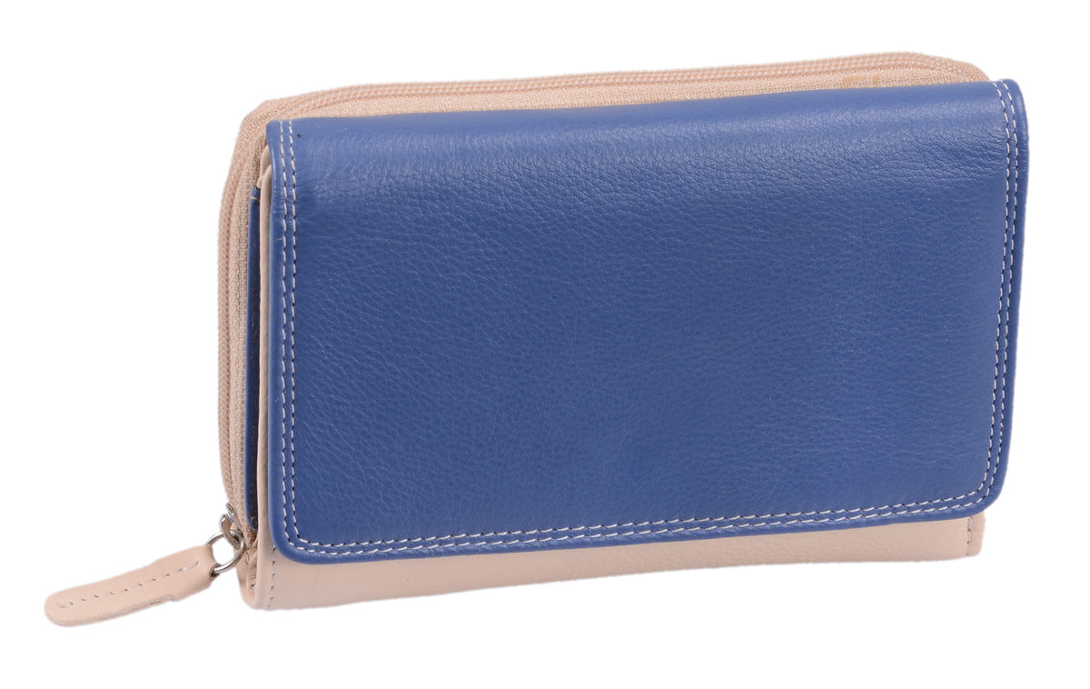 blau-beige Reißverschlussbörse, Leder, viele Kartenfächer 15 EC-Steckfächer