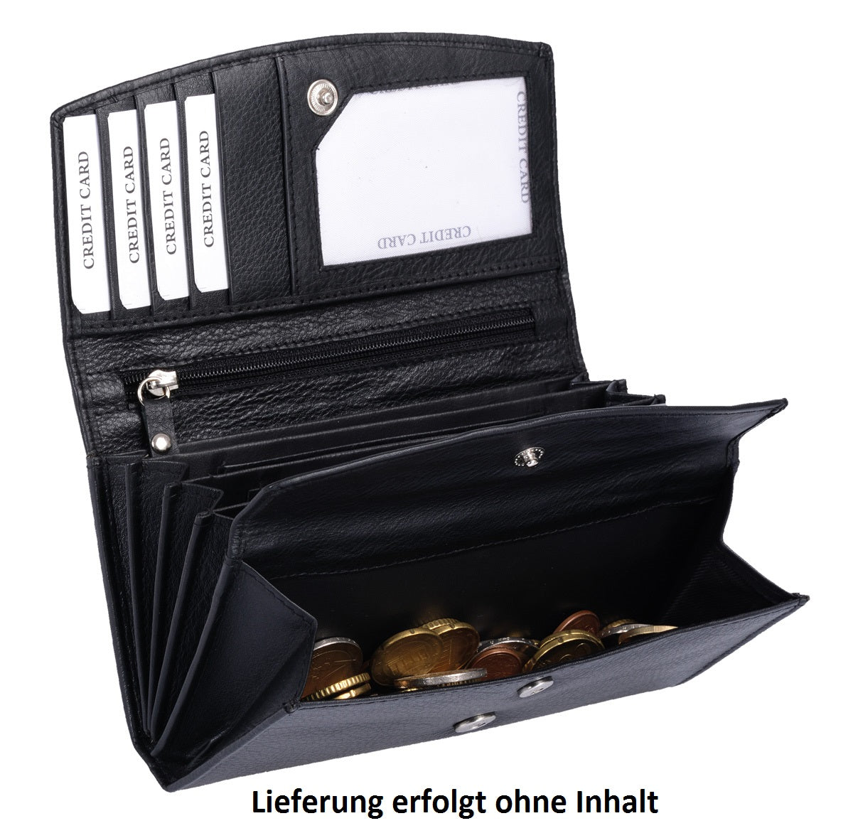 längliche schwarze Damenbörse, Kleingeldfach mit Druckknopf, Leder