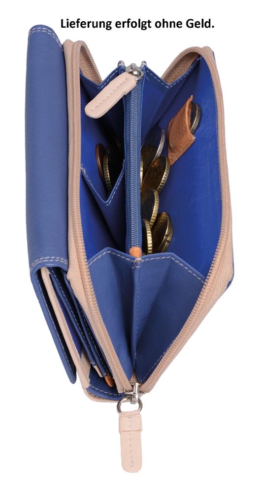 Lemondo Damenlangbörse, Leder, viele Kartenfächer, blau/beige/orange