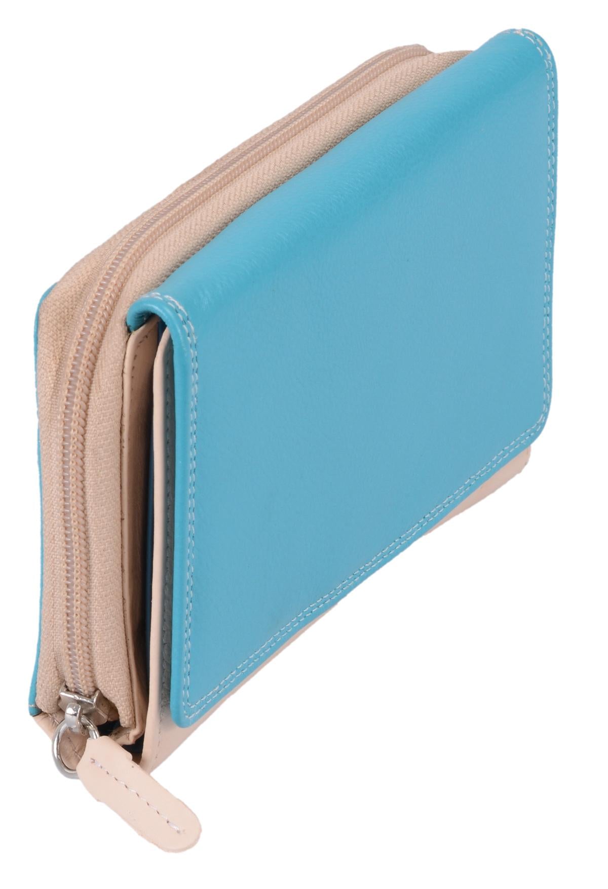 Leder Damenlangbörse LEMONDO, türkis-beige