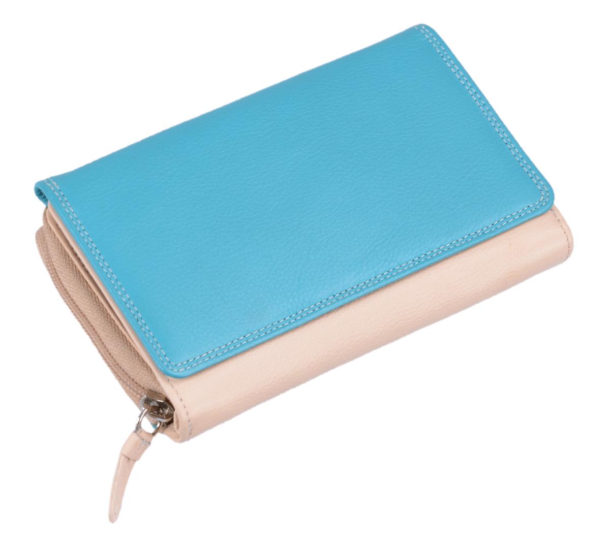 Leder Damenlangbörse LEMONDO, türkis-beige