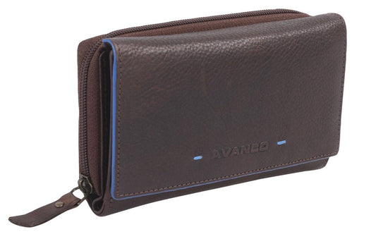 Leder Damenlangbörse braun-blau
