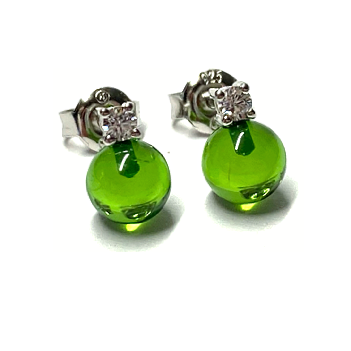Ohrstecker 925 Silber rhodiniert Bernstein grün (karibischer Bernstein) Kugel Zirkonia Ohrring