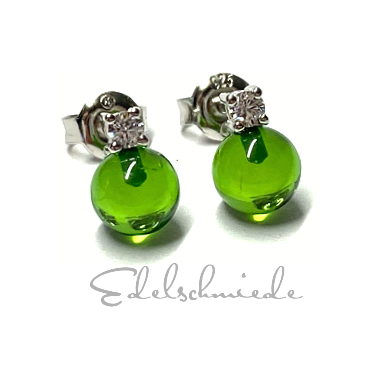 Ohrstecker 925 Silber rhodiniert Bernstein grün (karibischer Bernstein) Kugel Zirkonia Ohrring