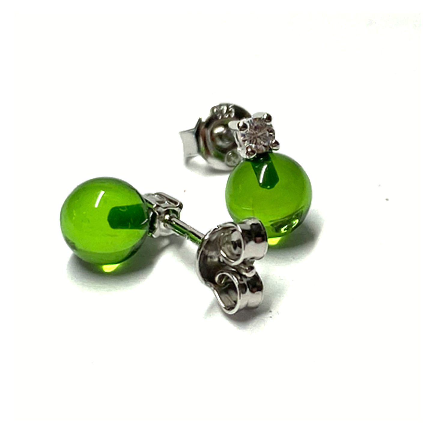 Ohrstecker 925 Silber rhodiniert Bernstein grün (karibischer Bernstein) Kugel Zirkonia Ohrring
