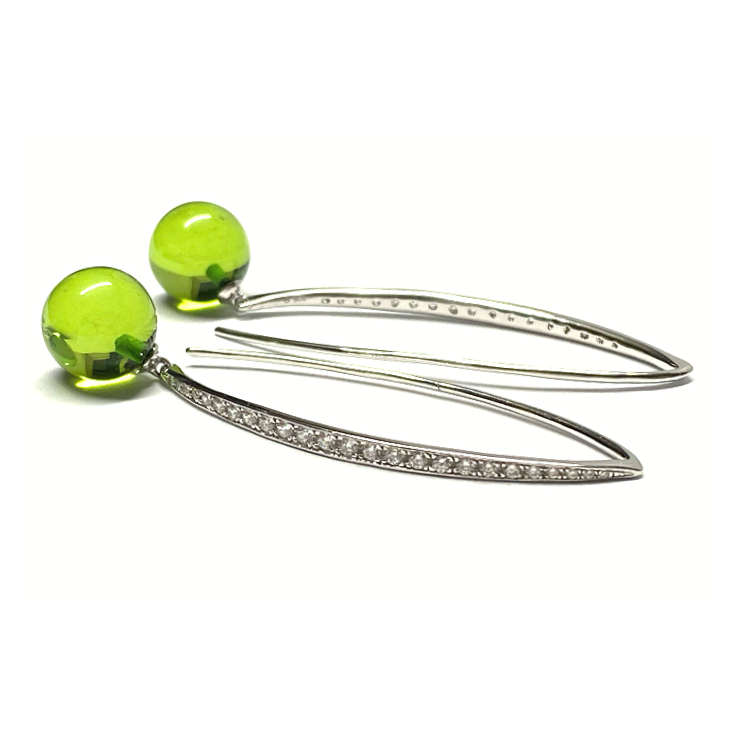 Ohrring 925 Silber rhodiniert Bernstein grün (karibischer Bernstein) Kugel 10mm Zirkonia Ohrhänger