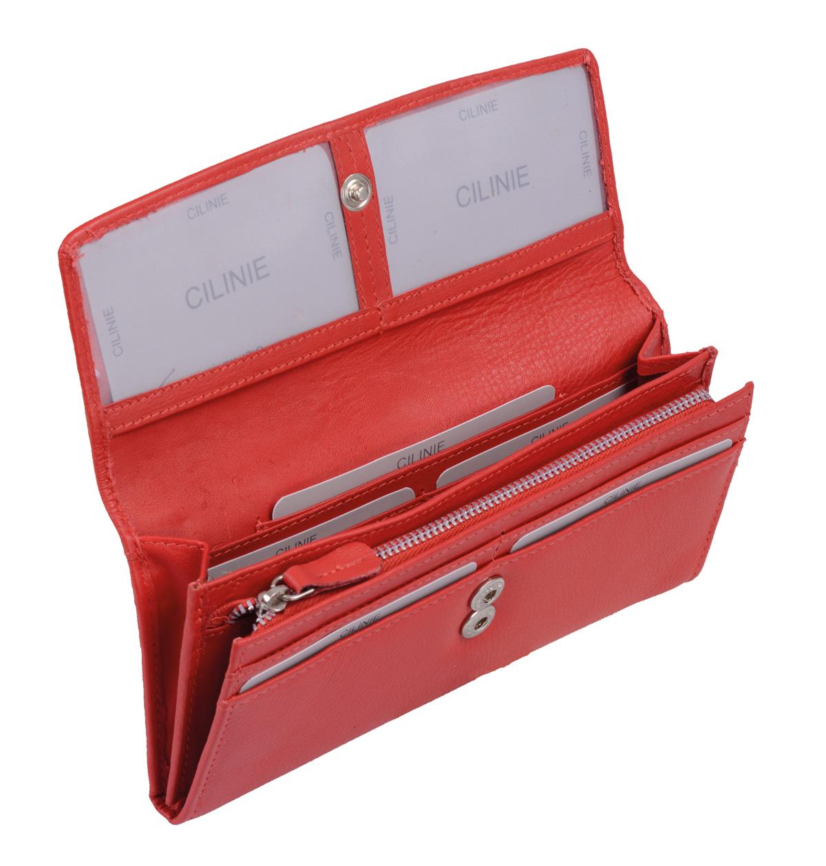 Damen Langbörse CILINIE Leder rot – flaches Portemonnaie mit Druckknopf