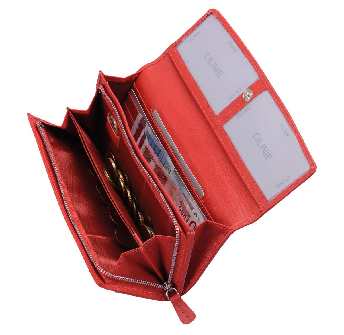 Damen Langbörse CILINIE Leder rot – flaches Portemonnaie mit Druckknopf