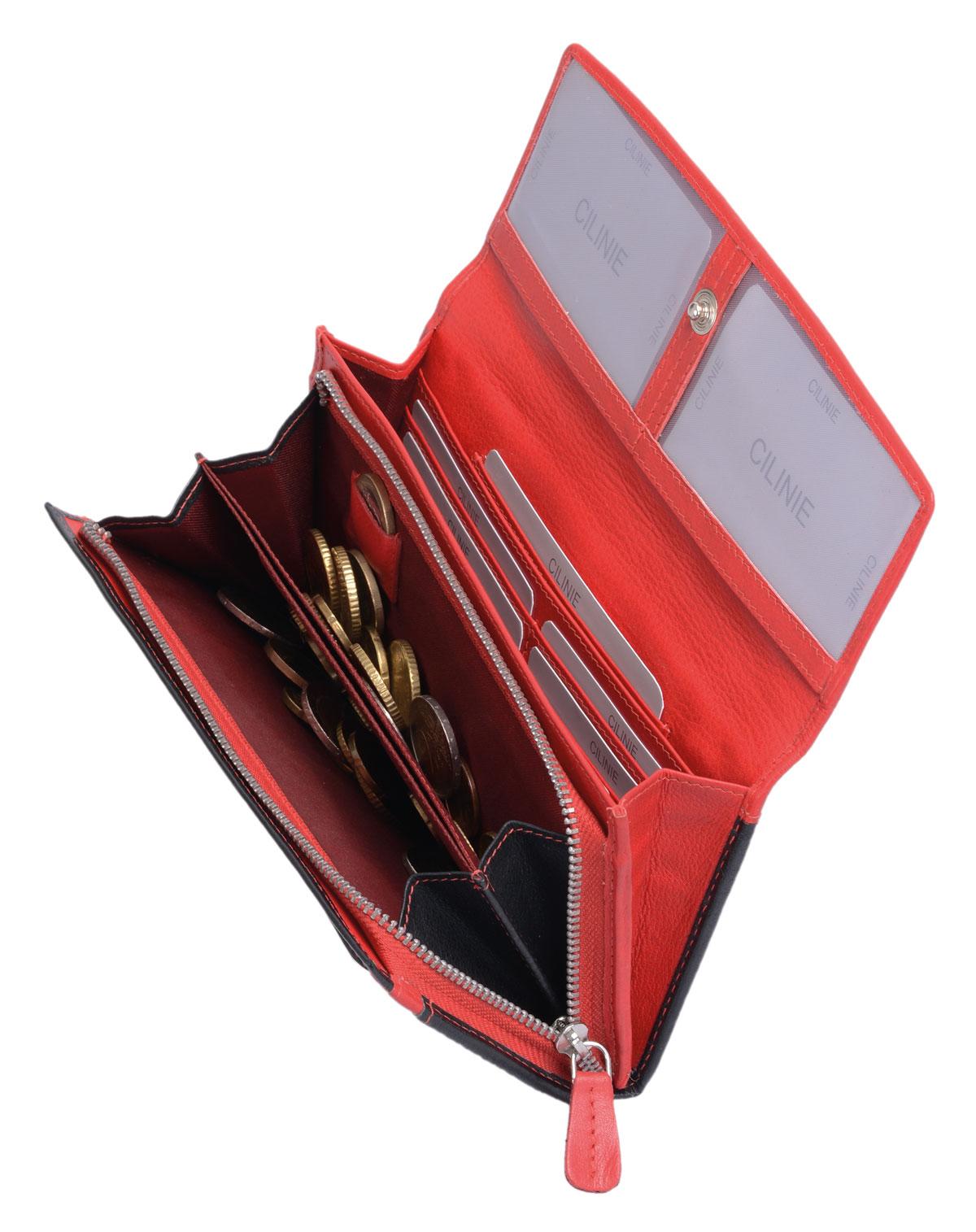 Leder Damenbörse CILINIE schwarz rot – flache Langbörse mit vielen Kartenfächern