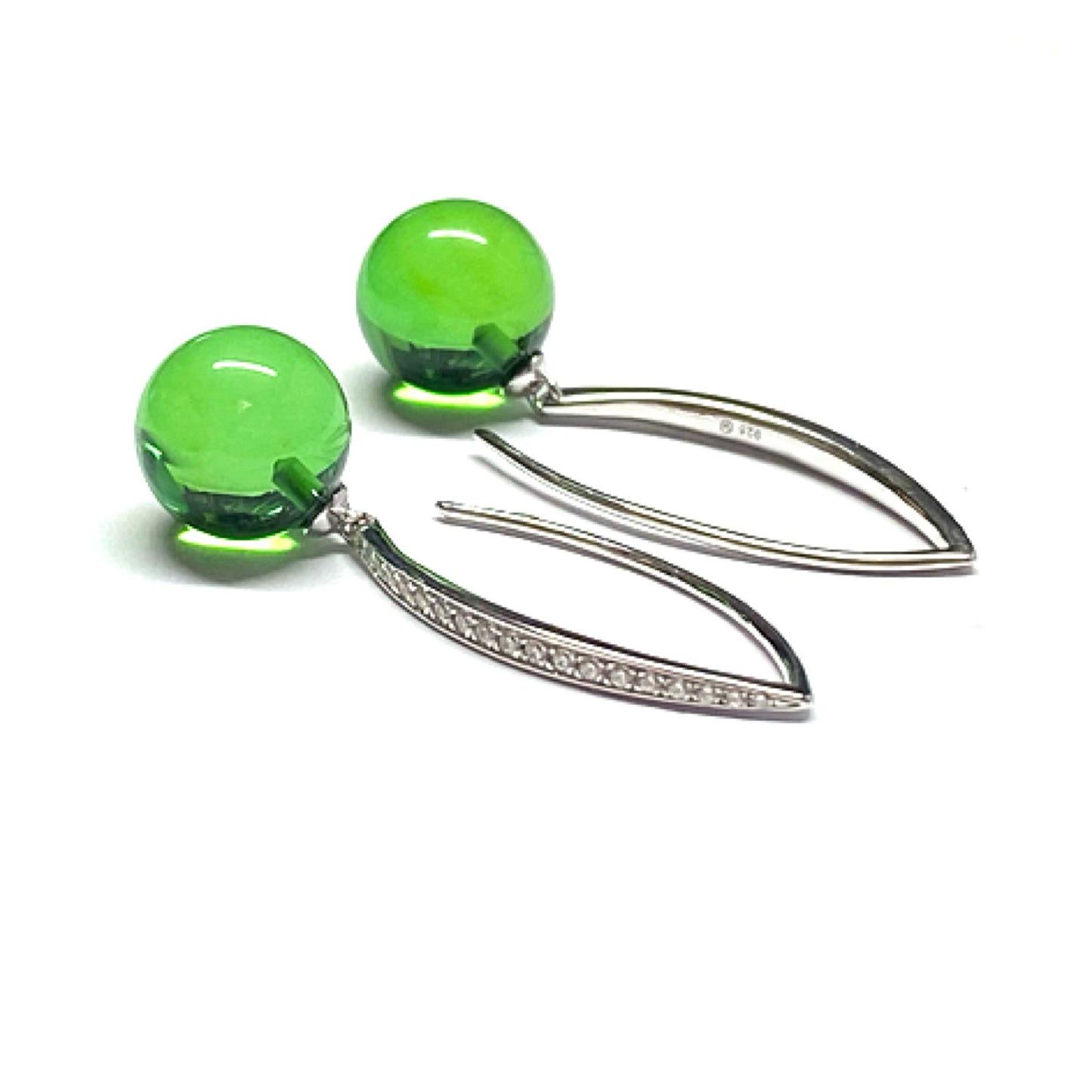 Ohrring 925 Silber rhodiniert Bernstein grün (karibischer Bernstein) Kugel 10mm Zirkonia Ohrhänger