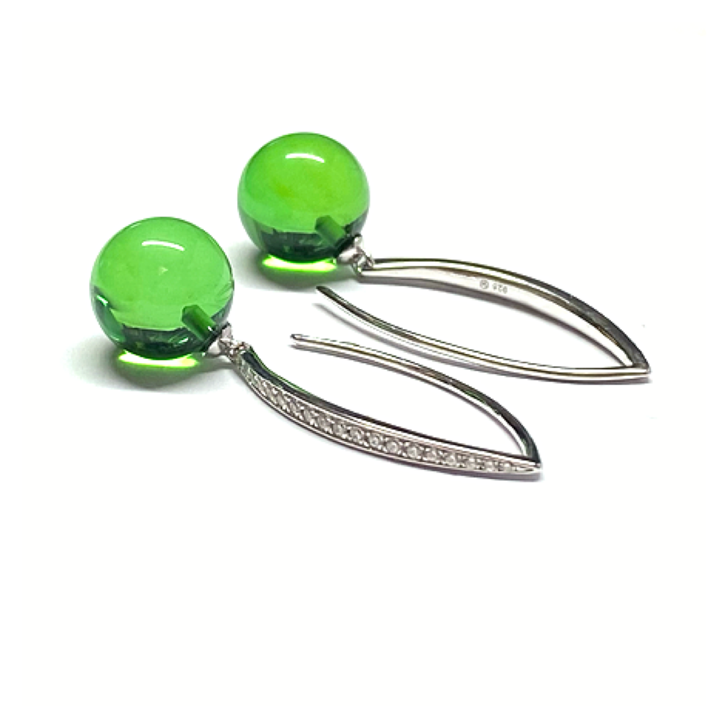 Ohrring 925 Silber rhodiniert Bernstein grün (karibischer Bernstein) Kugel 10mm Zirkonia Ohrhänger