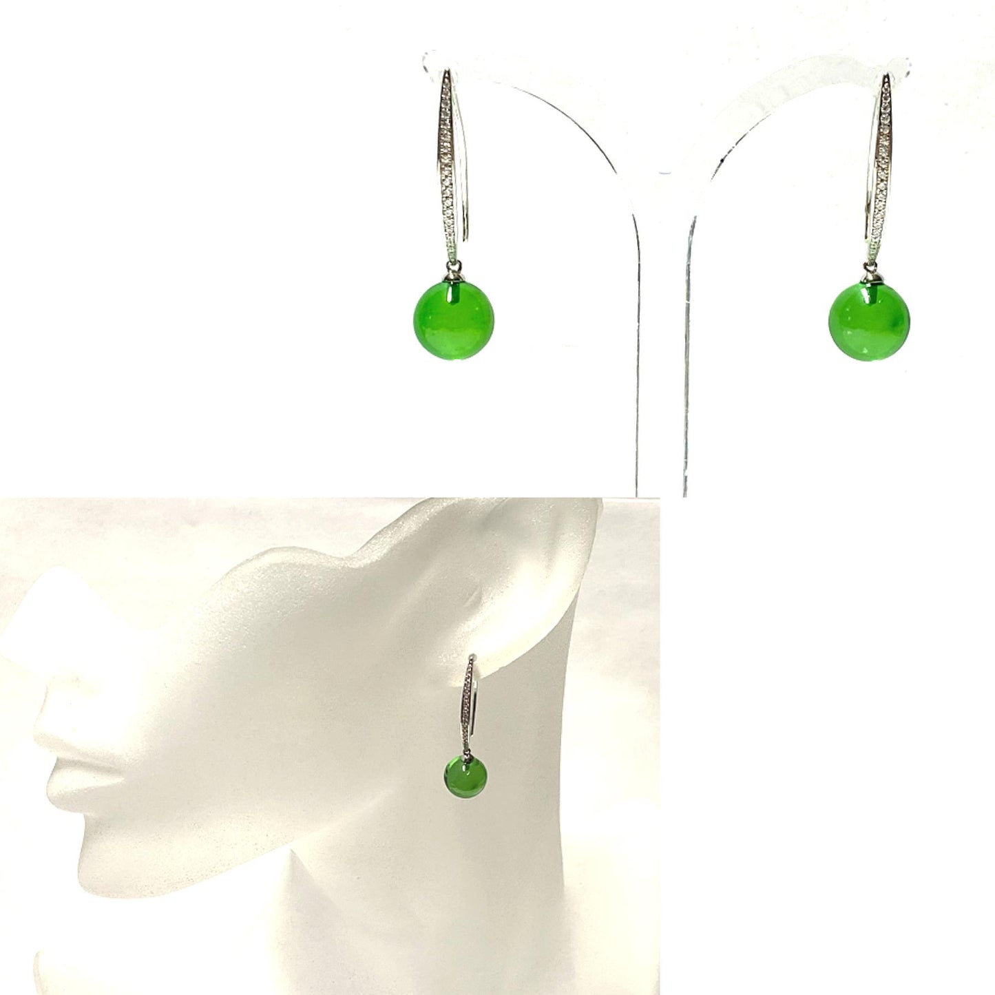 Ohrring 925 Silber rhodiniert Bernstein grün (karibischer Bernstein) Kugel 10mm Zirkonia Ohrhänger