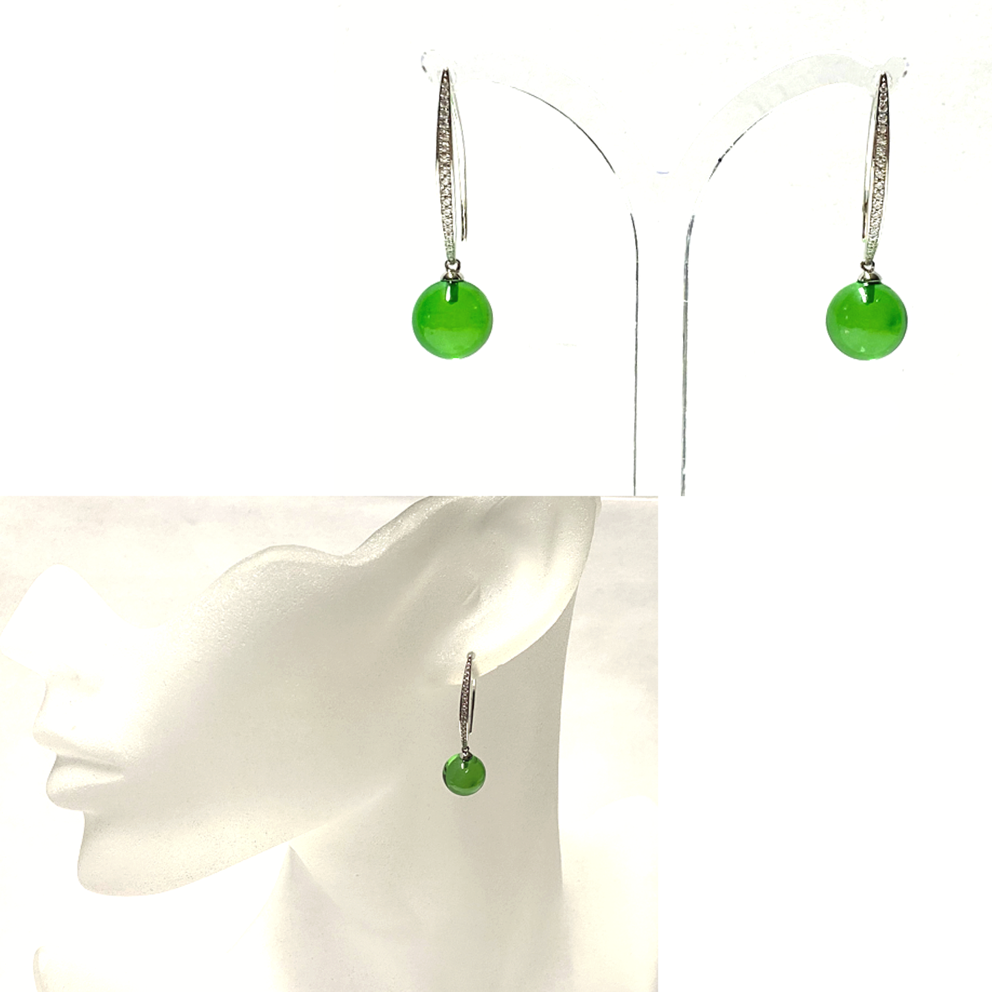 Ohrring 925 Silber rhodiniert Bernstein grün (karibischer Bernstein) Kugel 10mm Zirkonia Ohrhänger