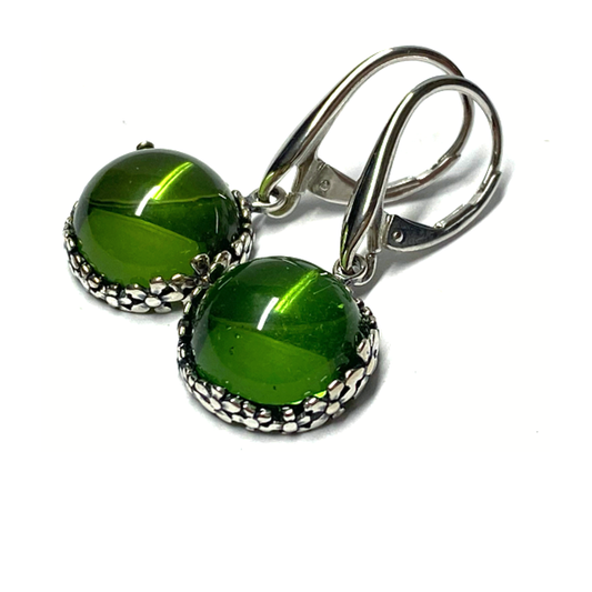 Ohrring 925 Silber rhodiniert Bernstein grün (karibischer Bernstein) Cabochon Ohrhänger Blütenmotiv
