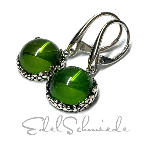 Ohrring 925 Silber rhodiniert Bernstein grün (karibischer Bernstein) Cabochon Ohrhänger Blütenmotiv