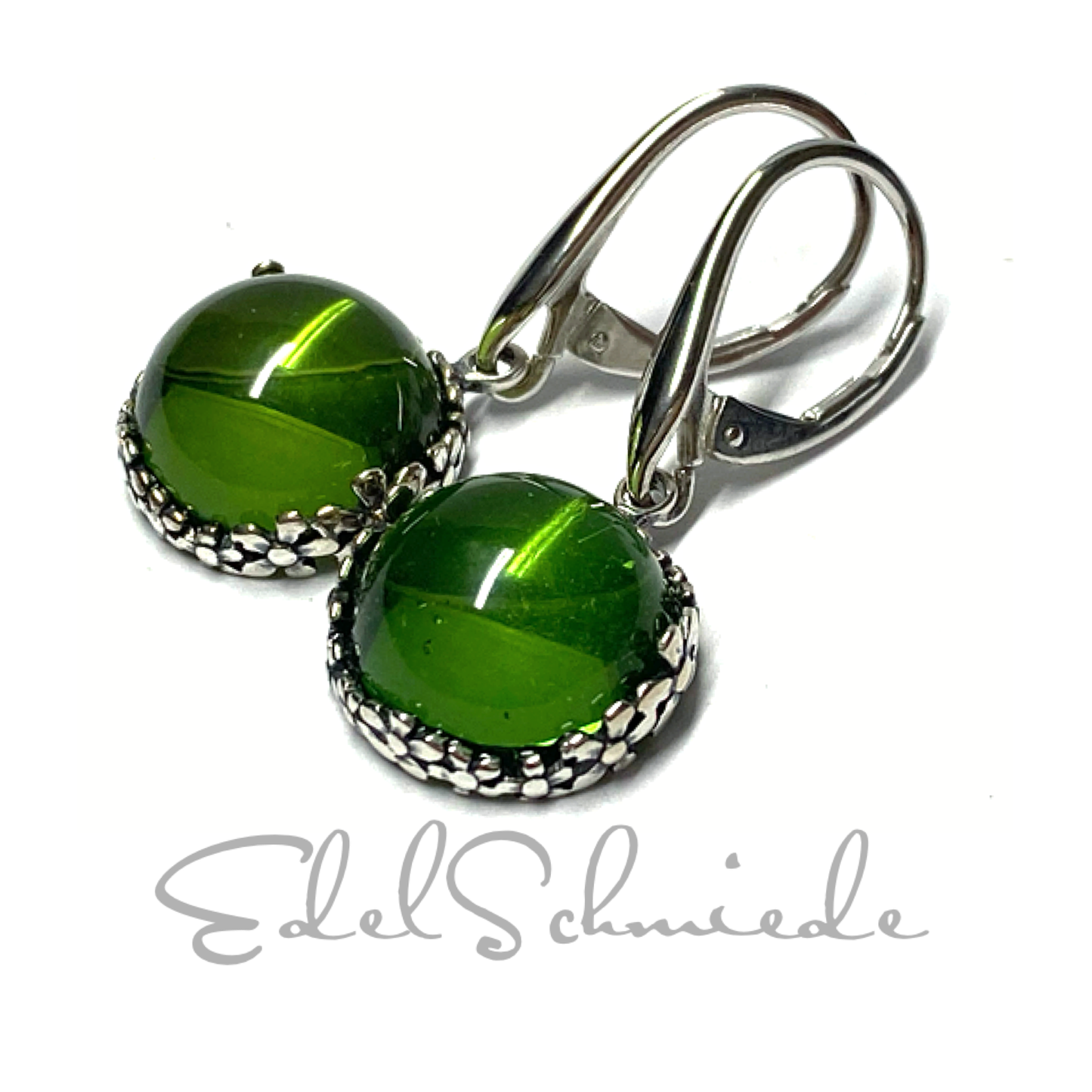 Ohrring 925 Silber rhodiniert Bernstein grün (karibischer Bernstein) Cabochon Ohrhänger Blütenmotiv