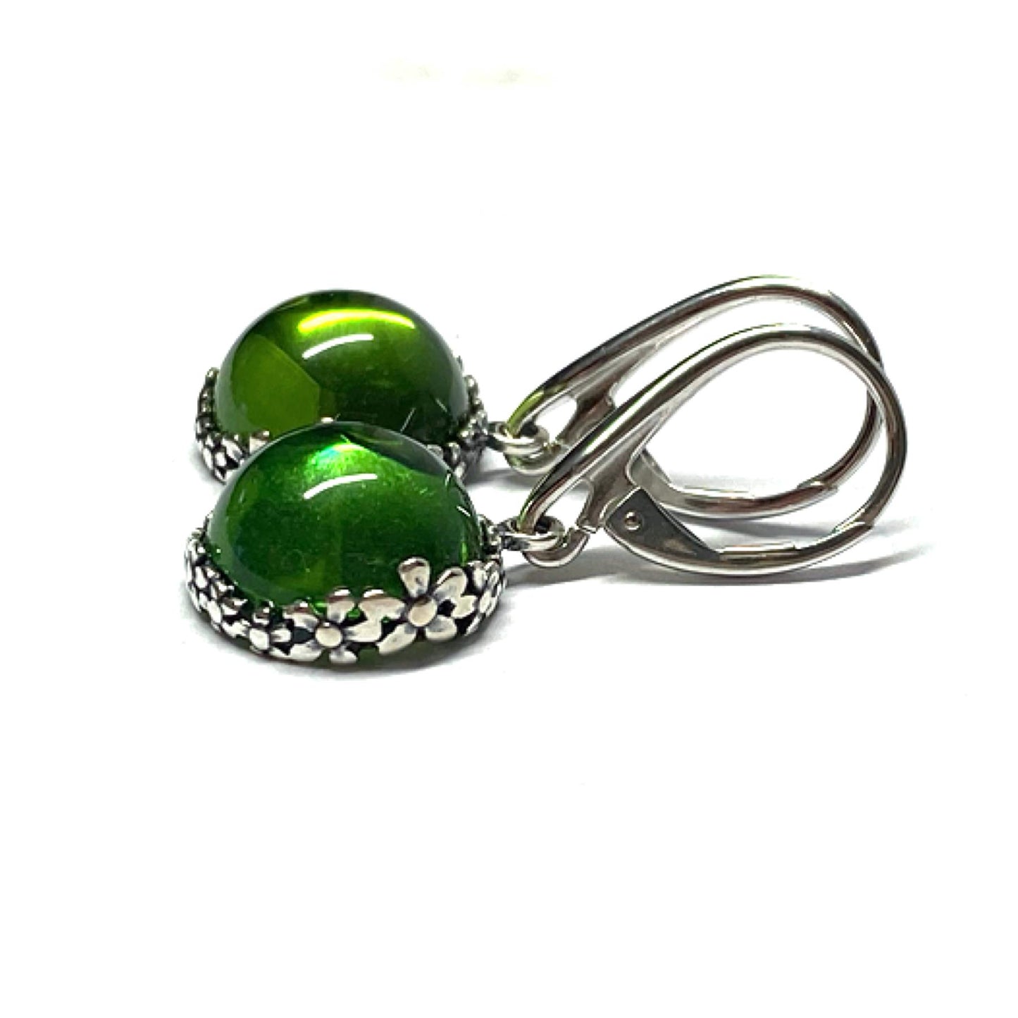 Ohrring 925 Silber rhodiniert Bernstein grün (karibischer Bernstein) Cabochon Ohrhänger Blütenmotiv