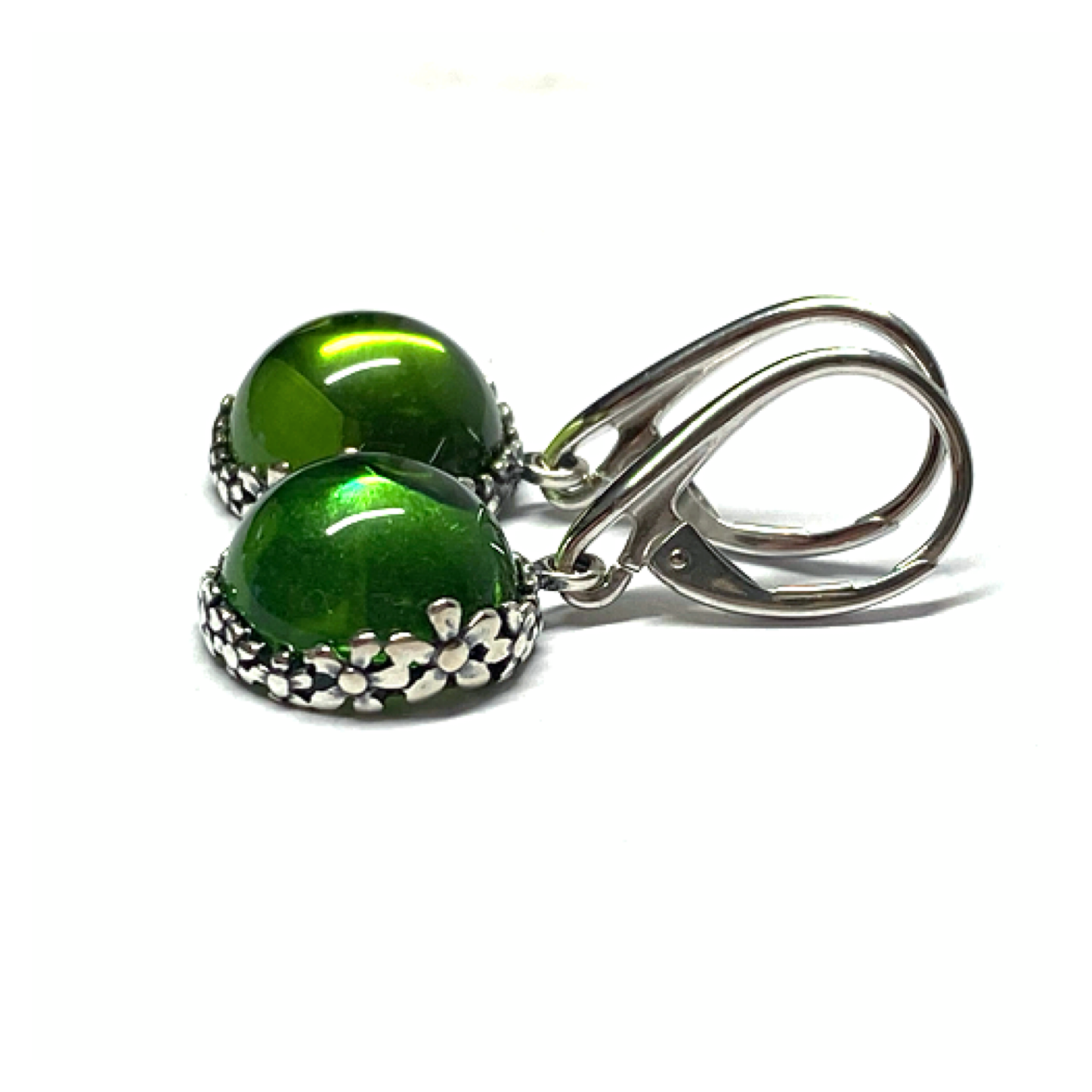 Ohrring 925 Silber rhodiniert Bernstein grün (karibischer Bernstein) Cabochon Ohrhänger Blütenmotiv