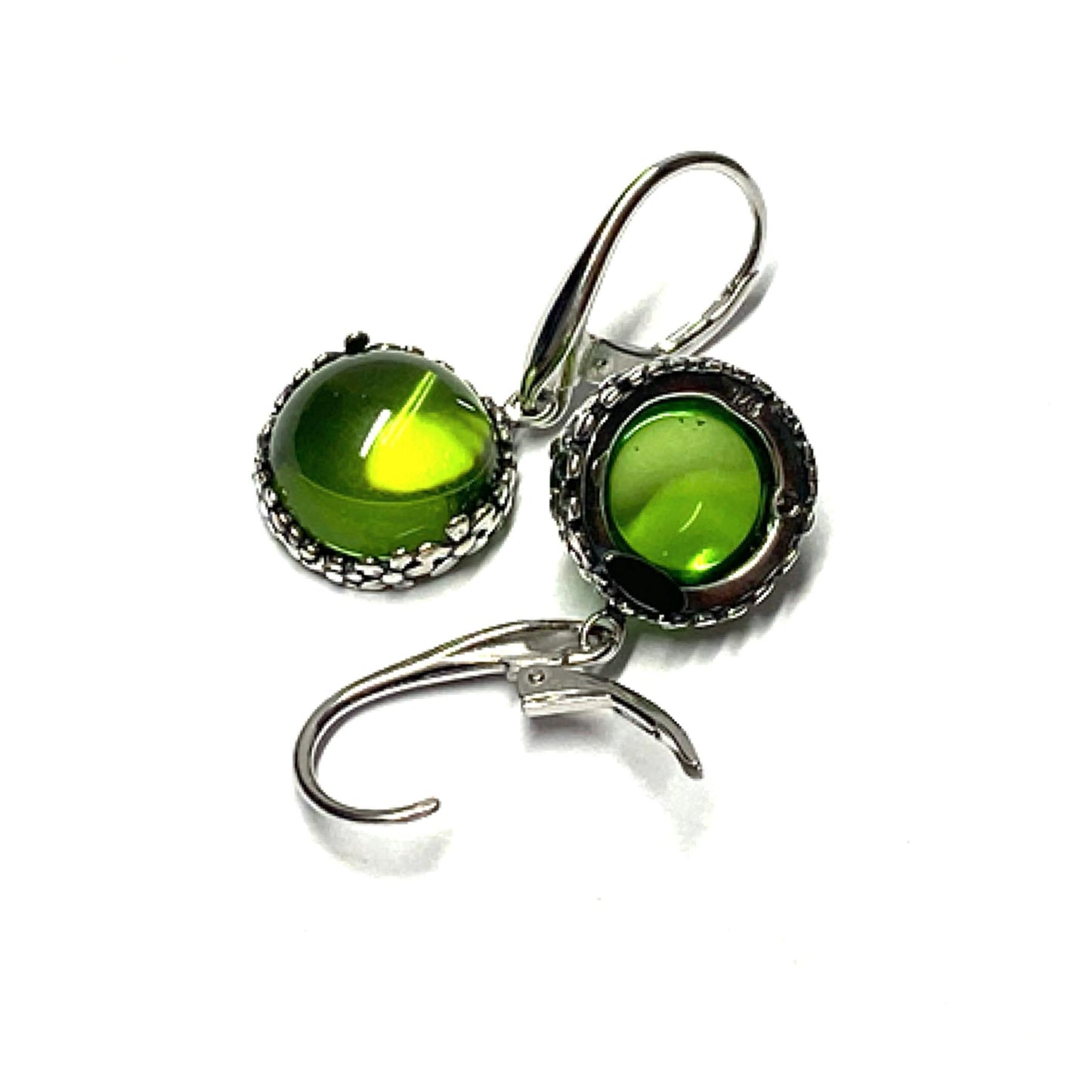 Ohrring 925 Silber rhodiniert Bernstein grün (karibischer Bernstein) Cabochon Ohrhänger Blütenmotiv