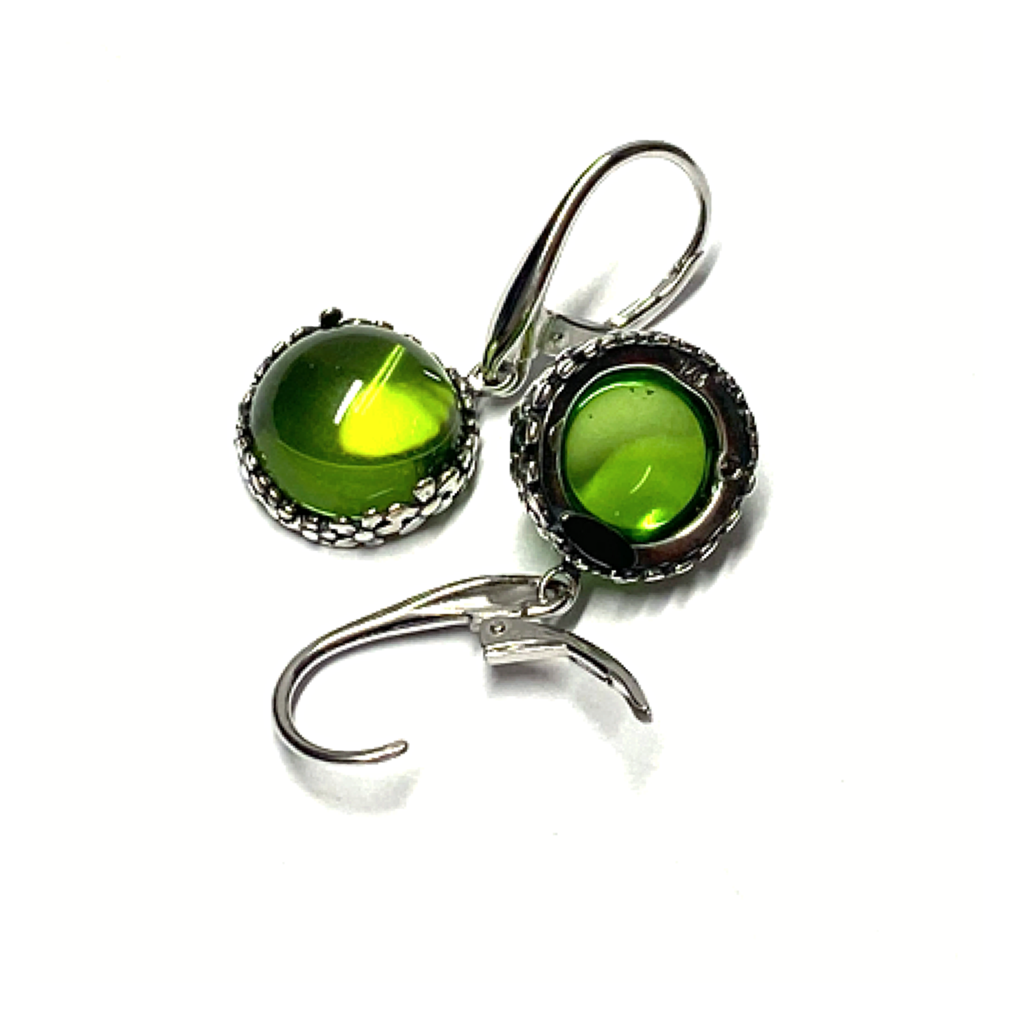 Ohrring 925 Silber rhodiniert Bernstein grün (karibischer Bernstein) Cabochon Ohrhänger Blütenmotiv