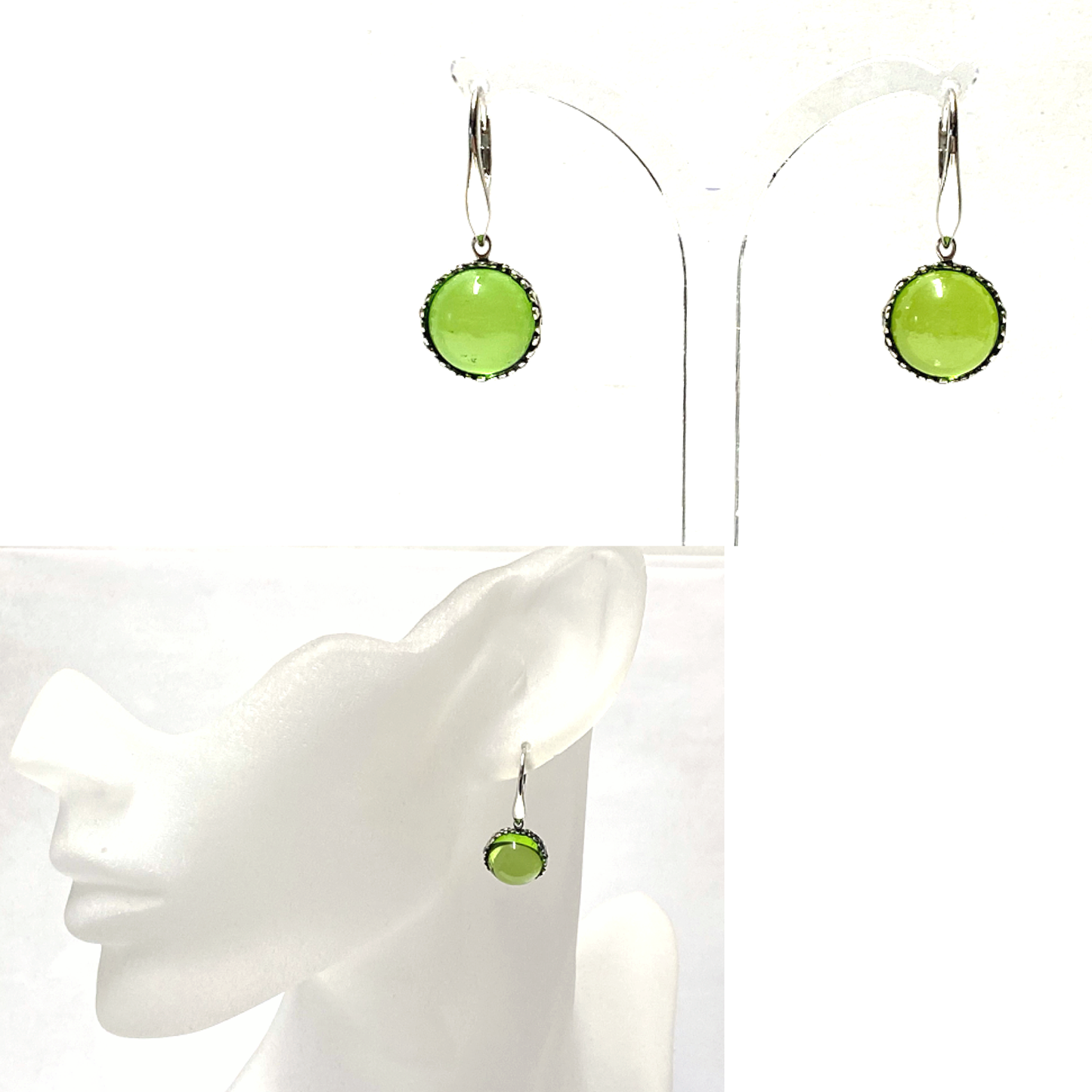 Ohrring 925 Silber rhodiniert Bernstein grün (karibischer Bernstein) Cabochon Ohrhänger Blütenmotiv