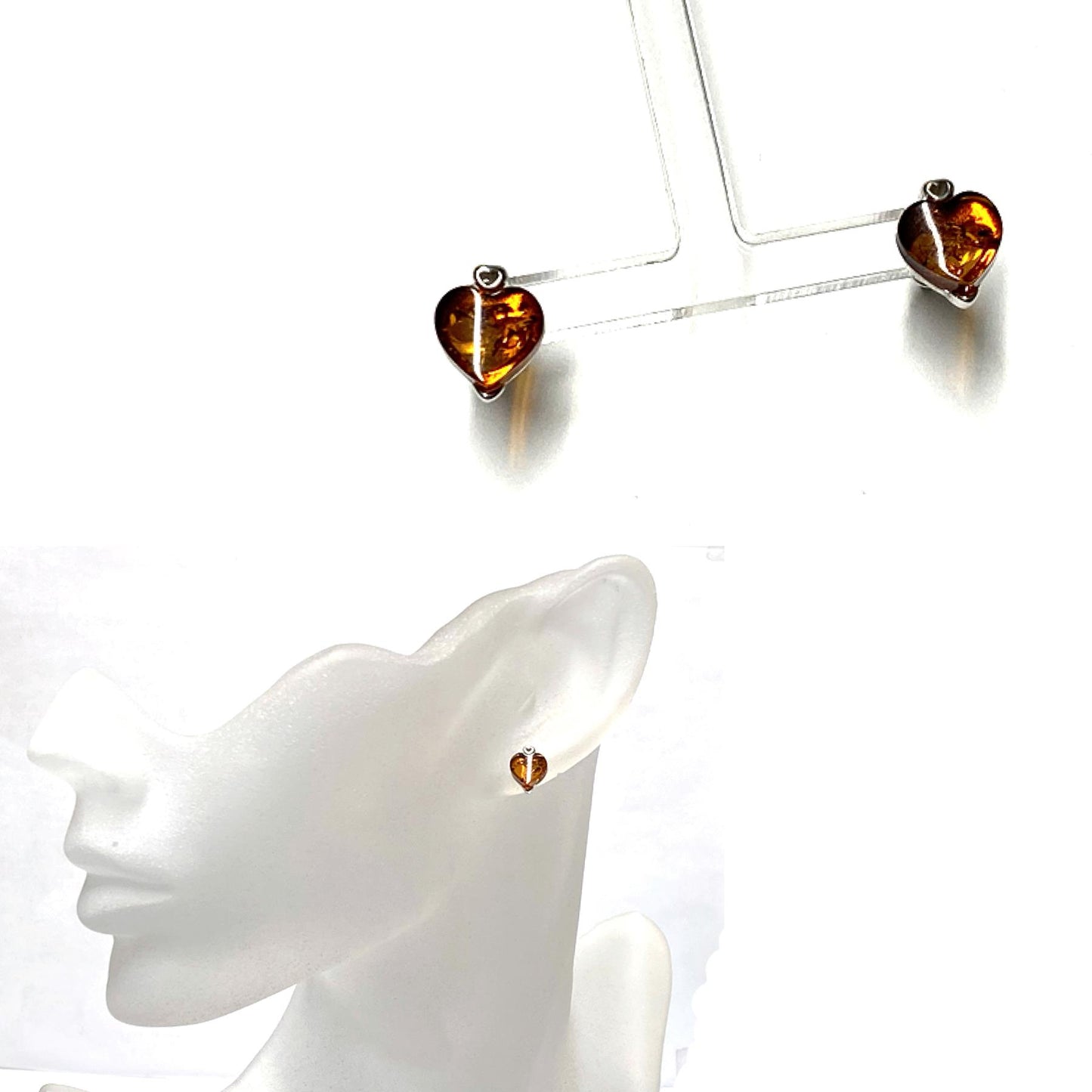 Ohrring 925 Silber Bernstein rhodiniert Cabochon herzförmig Ohrstecker