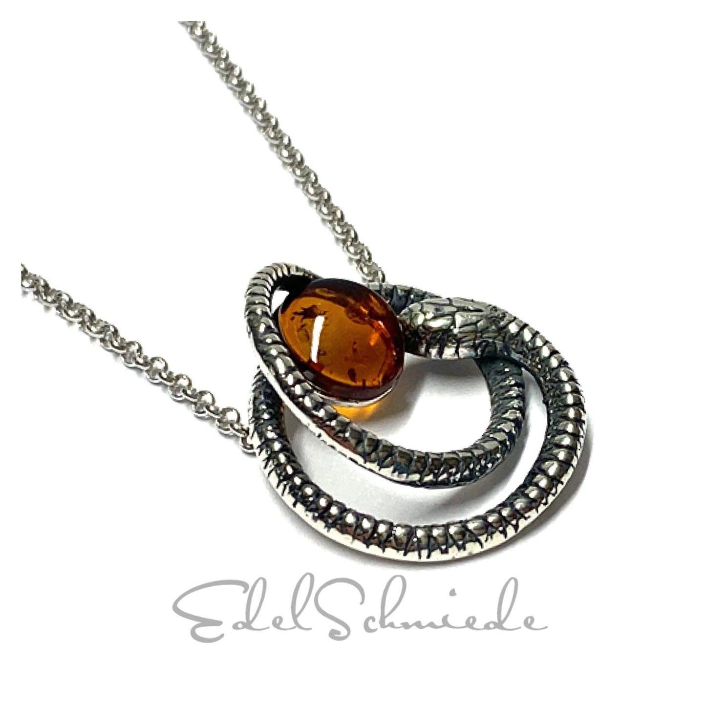 Kette 925 Silber rhodiniert Bernstein Cabochon oval  Mittelteilcollier Schlange Halskette 45-50cm