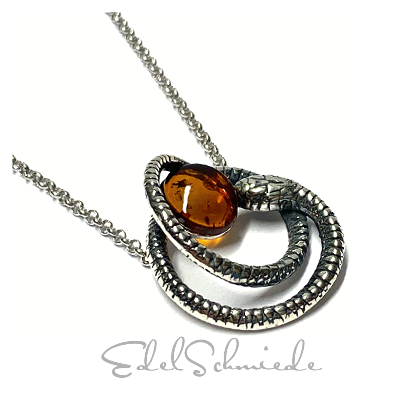 Kette 925 Silber rhodiniert Bernstein Cabochon oval  Mittelteilcollier Schlange Halskette 45-50cm