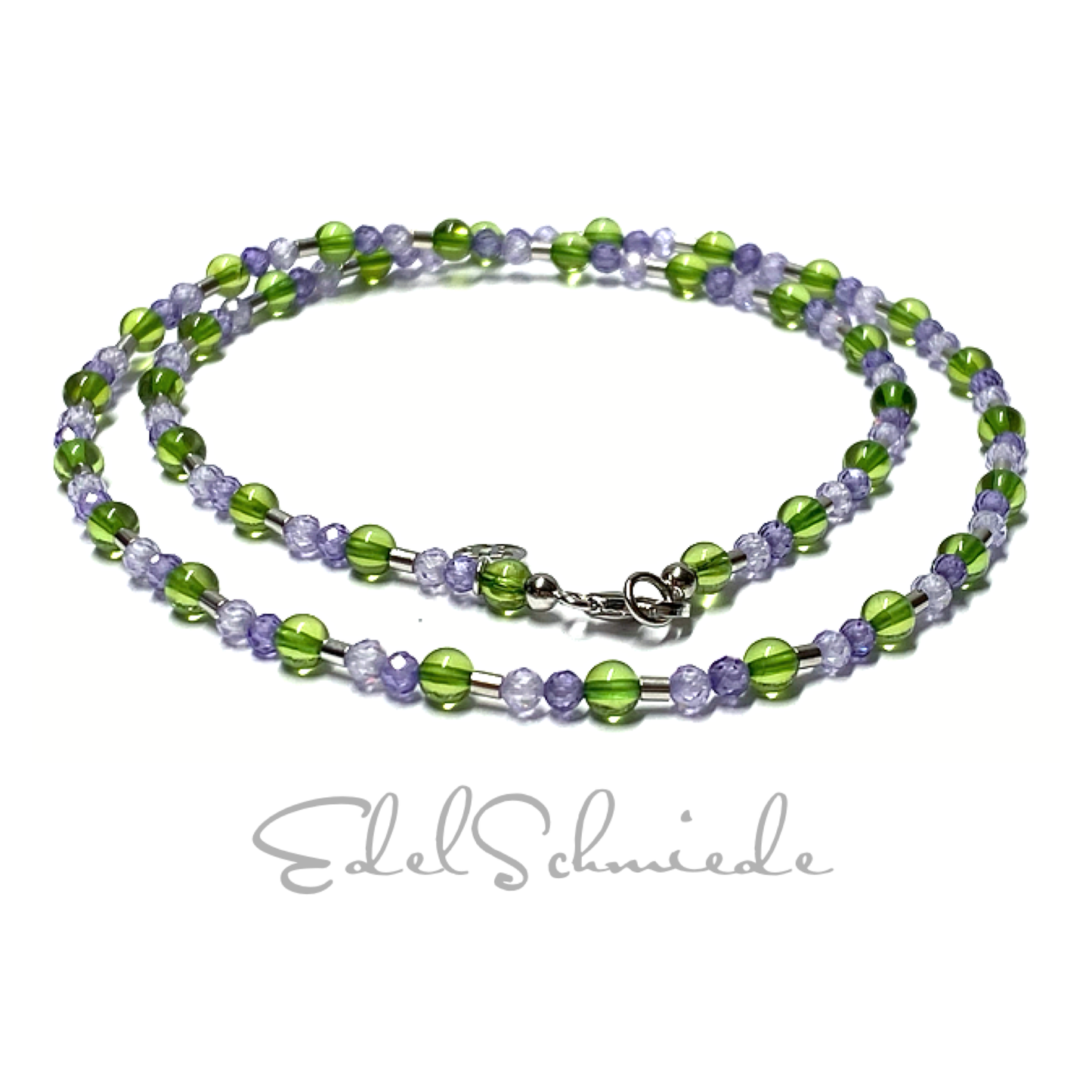 Kette Bernstein grün Kugel (karibischer Bernstein) + Zirkonia lila Steinkette Kugelkette 925 Silber rhodiniert Verschluß 46cm