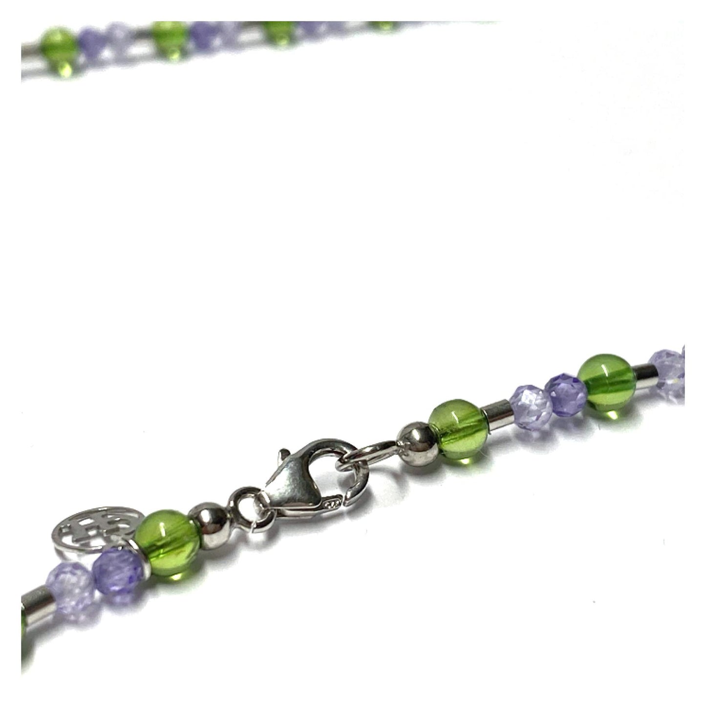 Kette Bernstein grün Kugel (karibischer Bernstein) + Zirkonia lila Steinkette Kugelkette 925 Silber rhodiniert Verschluß 46cm