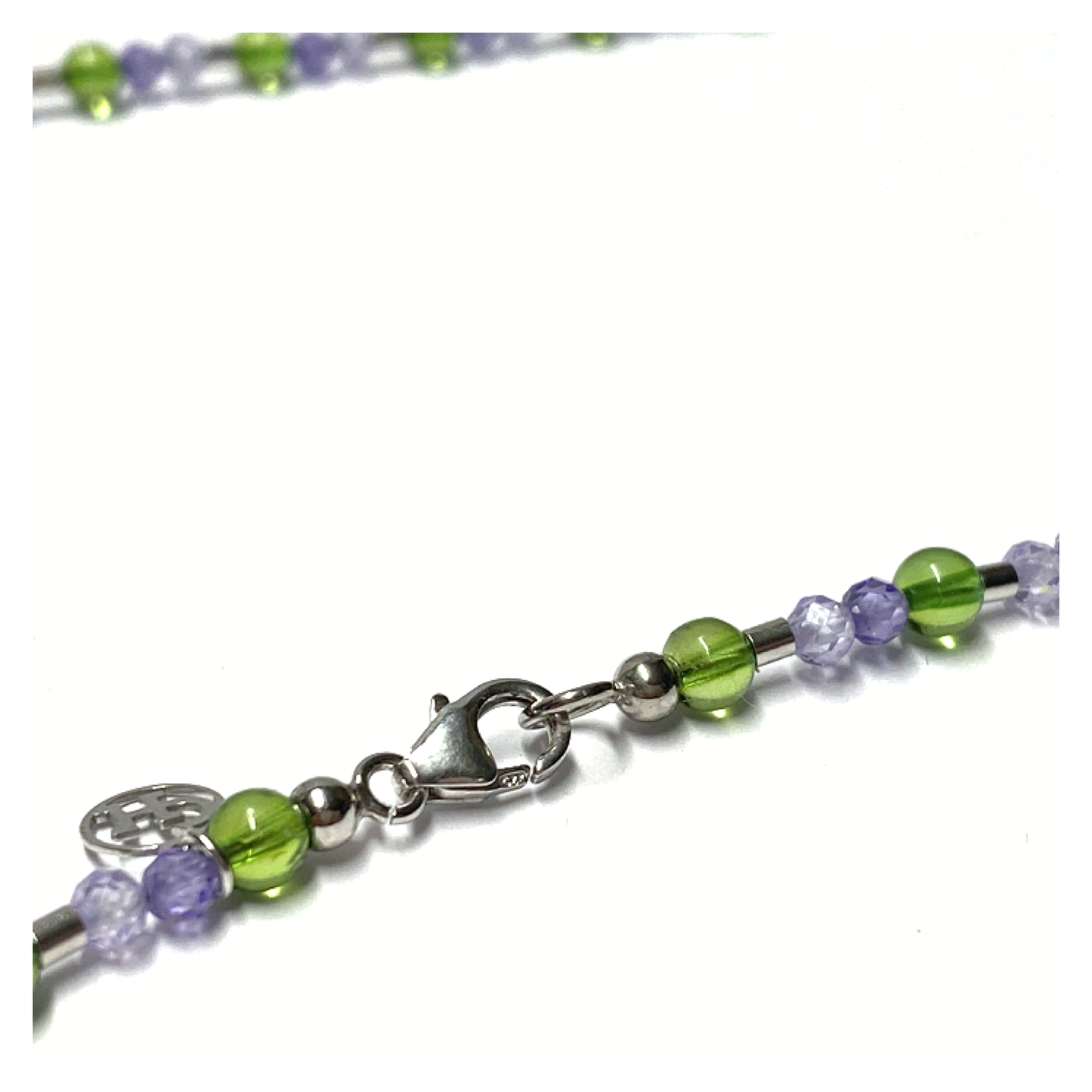Kette Bernstein grün Kugel (karibischer Bernstein) + Zirkonia lila Steinkette Kugelkette 925 Silber rhodiniert Verschluß 46cm