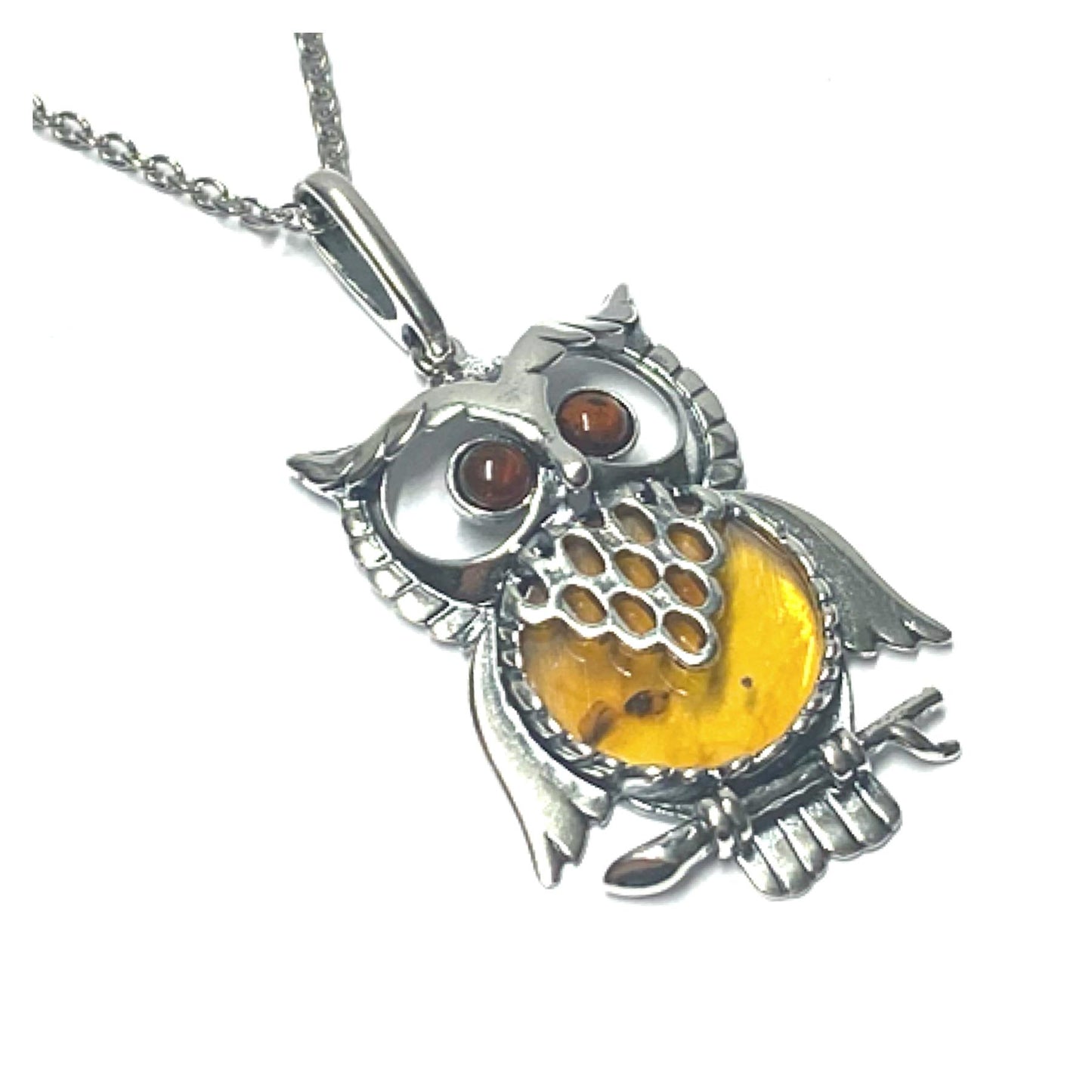 Anhänger Eule 925 Silber rhodiniert Bernstein Cabochon Kettenanhänger inklusive Kette 70cm