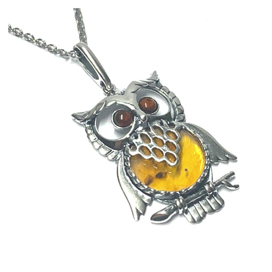 Anhänger Eule 925 Silber rhodiniert Bernstein Cabochon Kettenanhänger inklusive Kette 70cm
