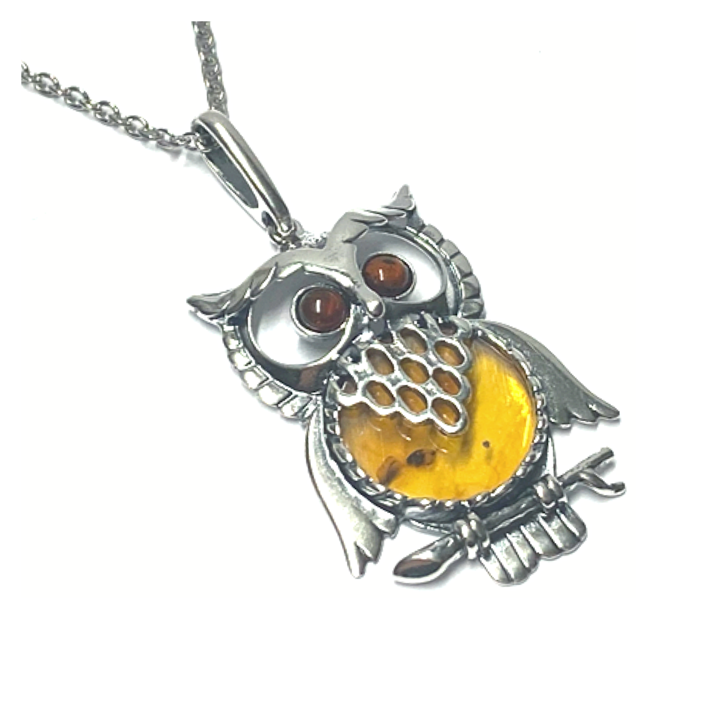 Anhänger Eule 925 Silber rhodiniert Bernstein Cabochon Kettenanhänger inklusive Kette 70cm