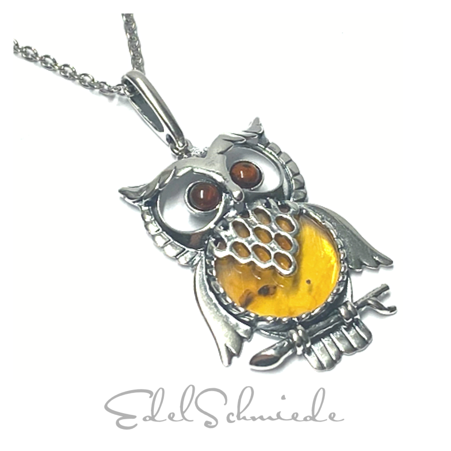 Anhänger Eule 925 Silber rhodiniert Bernstein Cabochon Kettenanhänger inklusive Kette 70cm