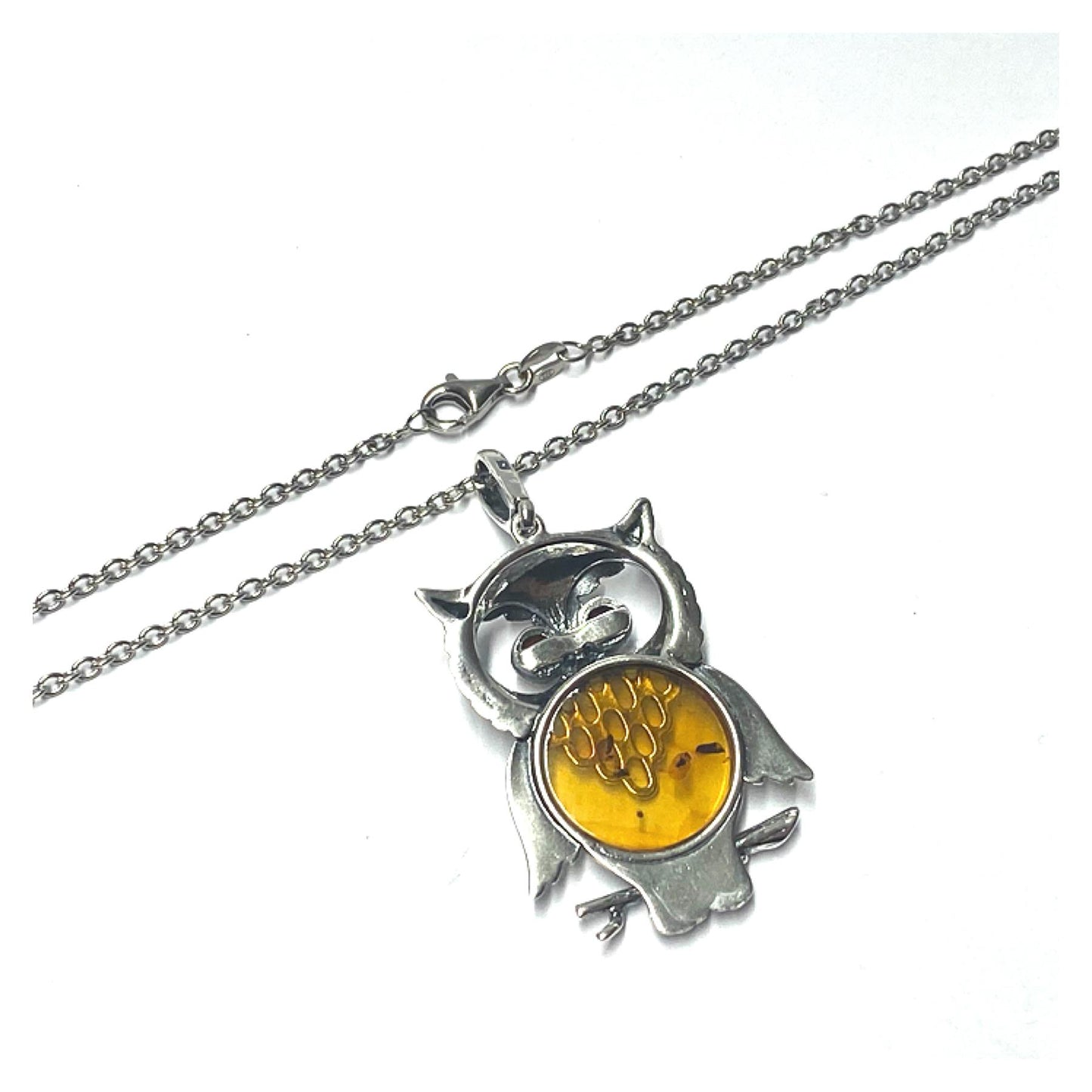 Anhänger Eule 925 Silber rhodiniert Bernstein Cabochon Kettenanhänger inklusive Kette 70cm