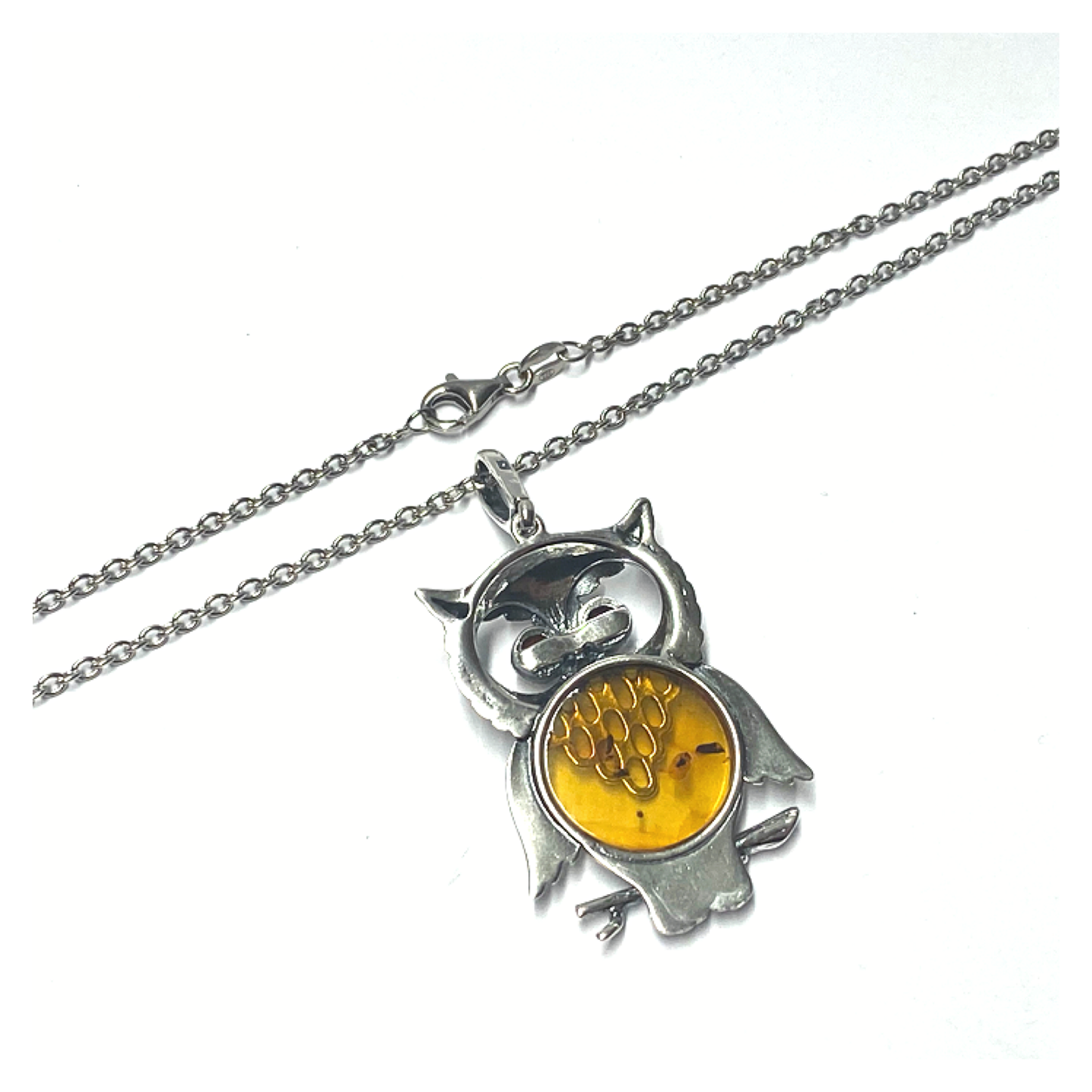 Anhänger Eule 925 Silber rhodiniert Bernstein Cabochon Kettenanhänger inklusive Kette 70cm