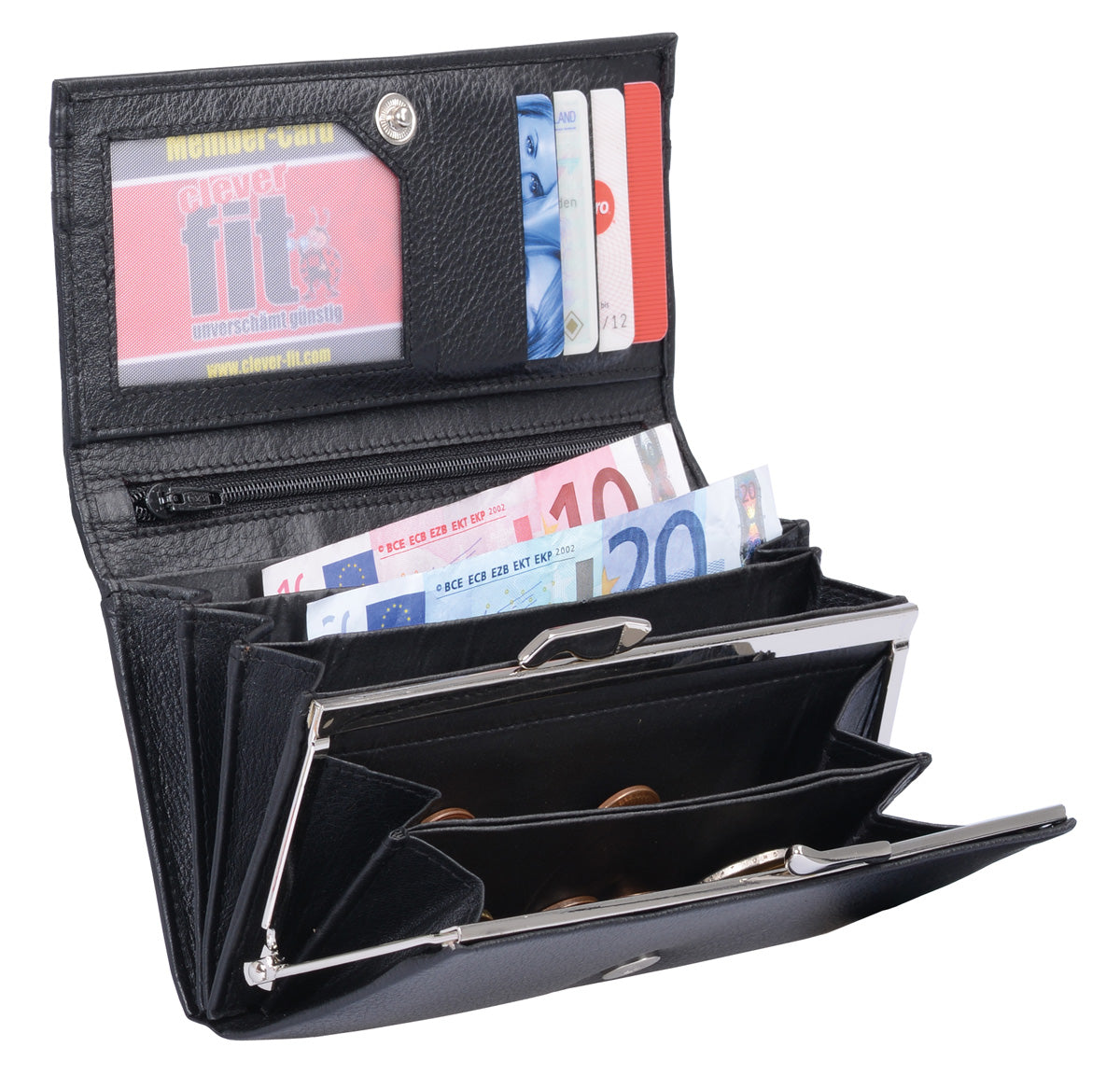 große Damenbörse mit Knipser Bügelbörse, Leder, schwarz RFID-Schutz