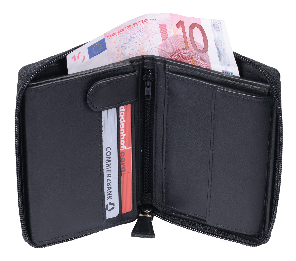Klassische Hochformat Geldbörse Leder schwarz mit umlaufendem Reißverschluss