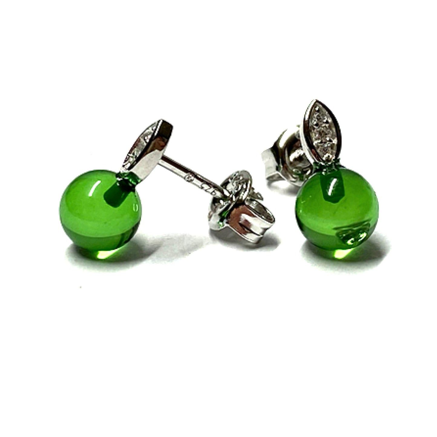 Ohrstecker 925 Silber rhodiniert Bernstein grün (karibischer Bernstein) Kugel 6mm Zirkonia Ohrring