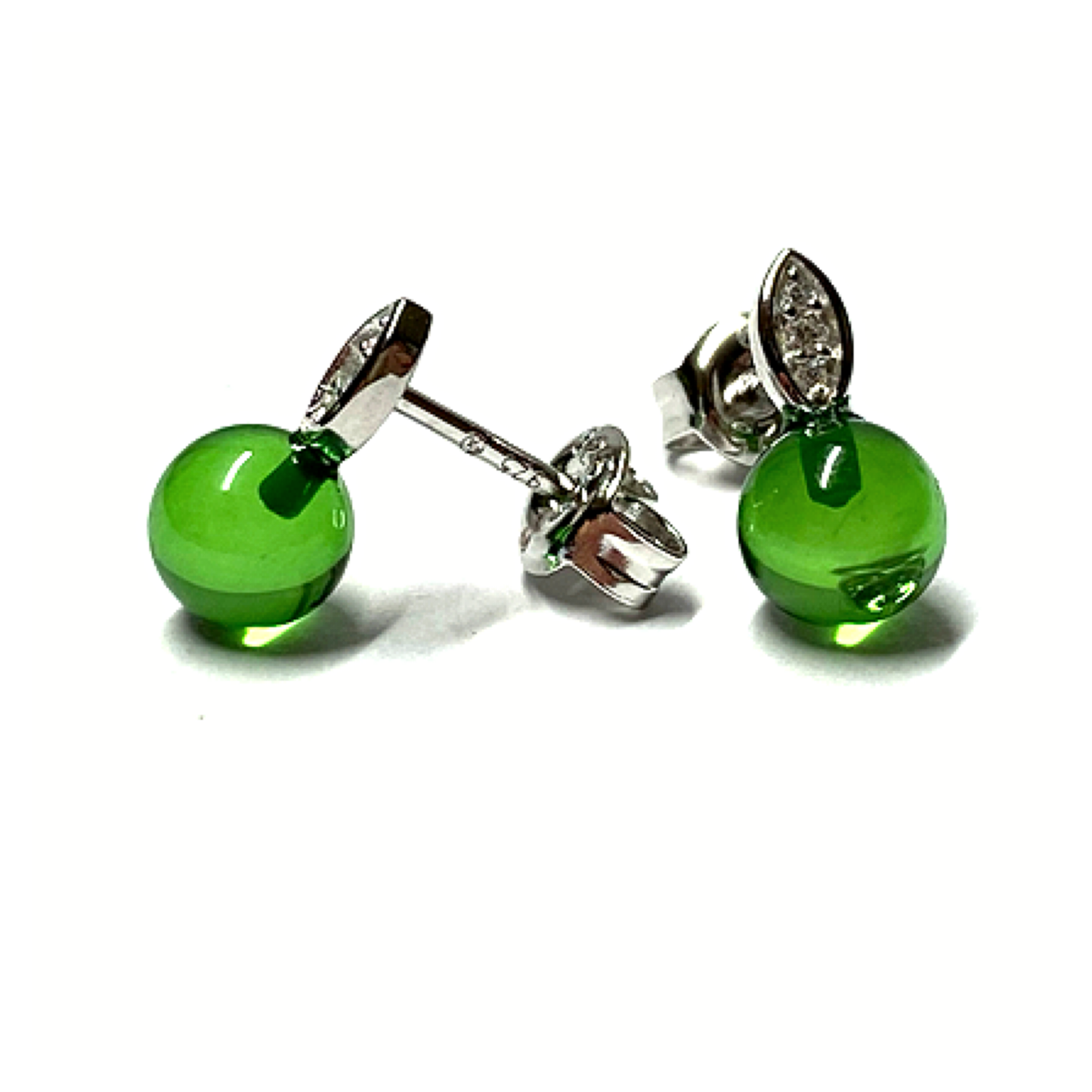 Ohrstecker 925 Silber rhodiniert Bernstein grün (karibischer Bernstein) Kugel 6mm Zirkonia Ohrring