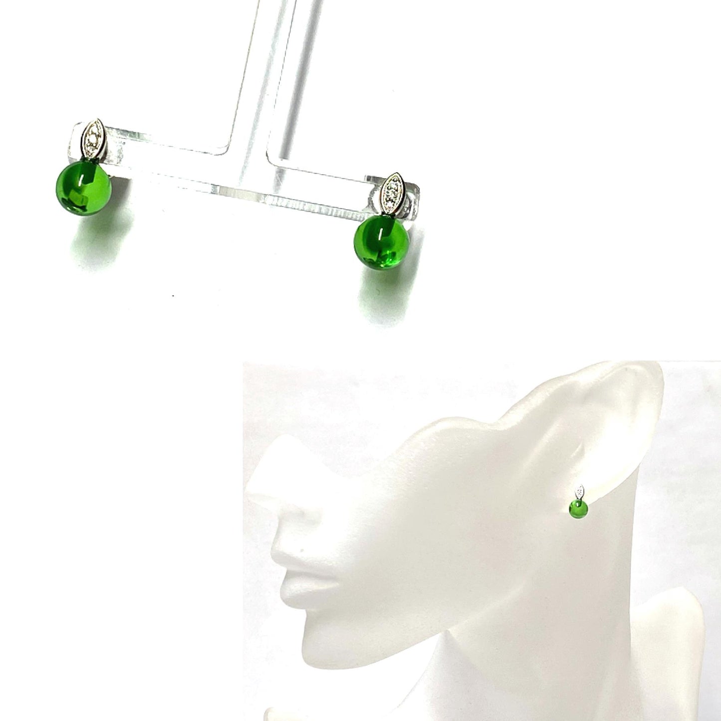 Ohrstecker 925 Silber rhodiniert Bernstein grün (karibischer Bernstein) Kugel 6mm Zirkonia Ohrring