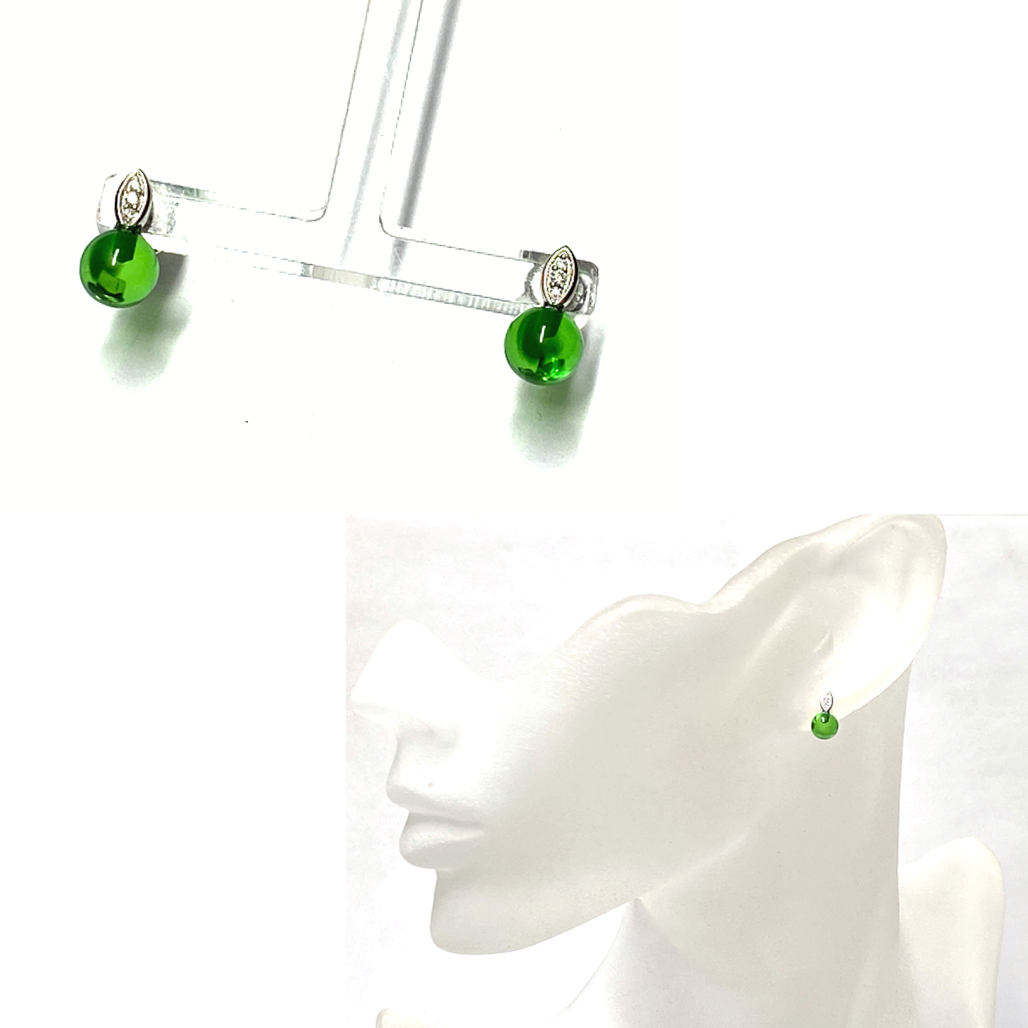 Ohrstecker 925 Silber rhodiniert Bernstein grün (karibischer Bernstein) Kugel 6mm Zirkonia Ohrring